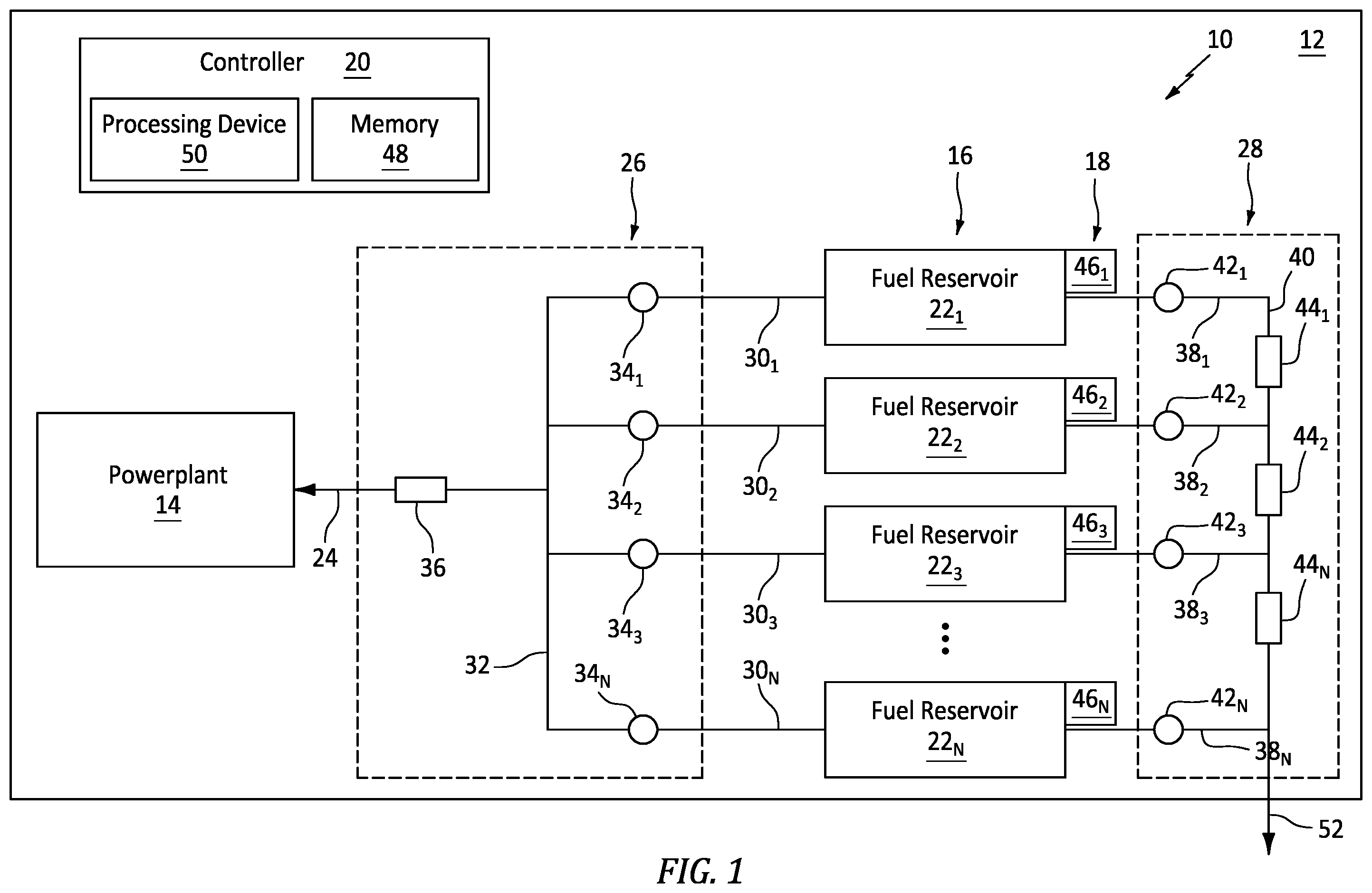 Patent US12410755 Figure 1 – Transferring fuel between fuel reservoirs of an aircraft fuel system