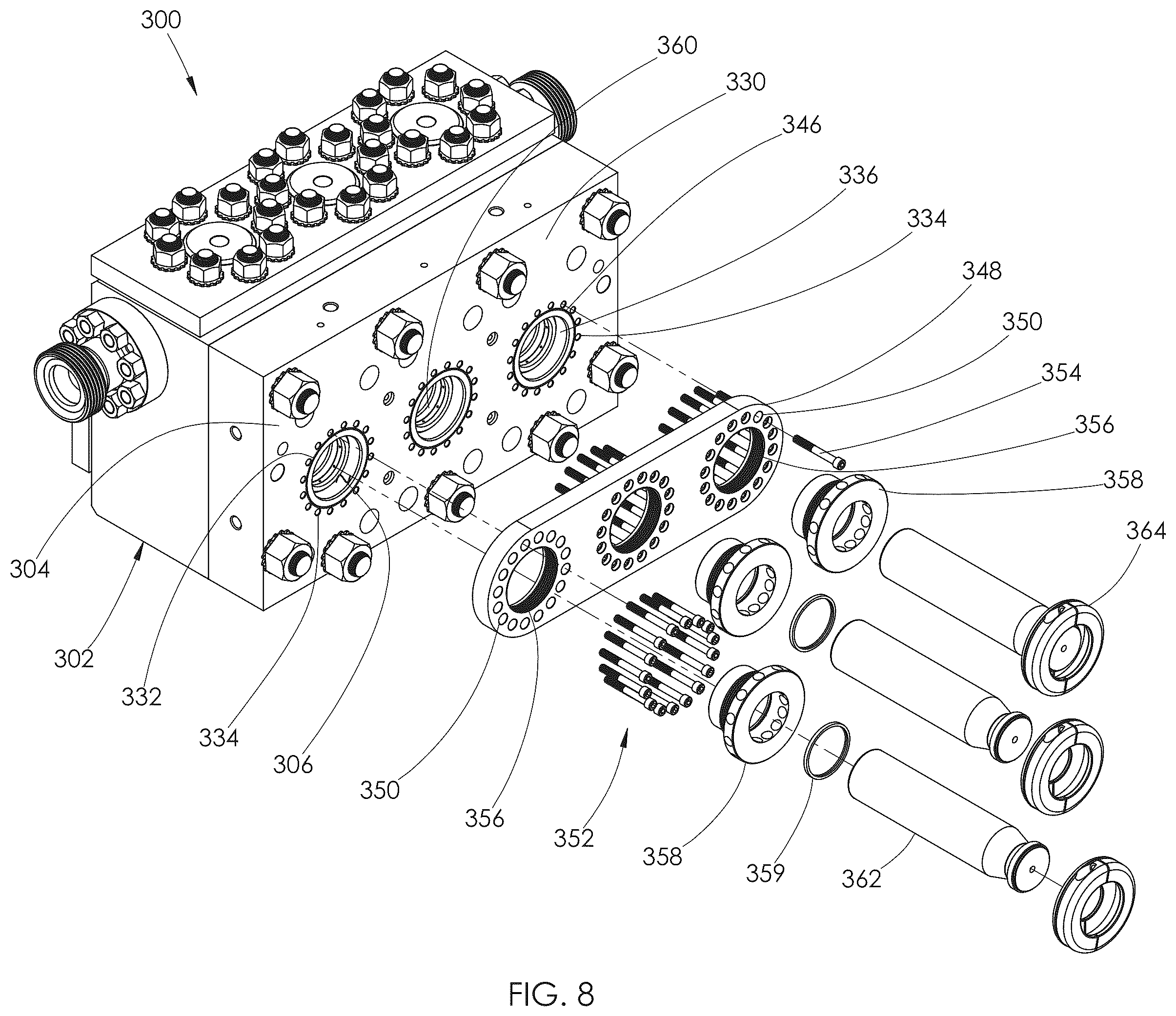 Patent US12410789 Figure 8 – Fluid end assembly
