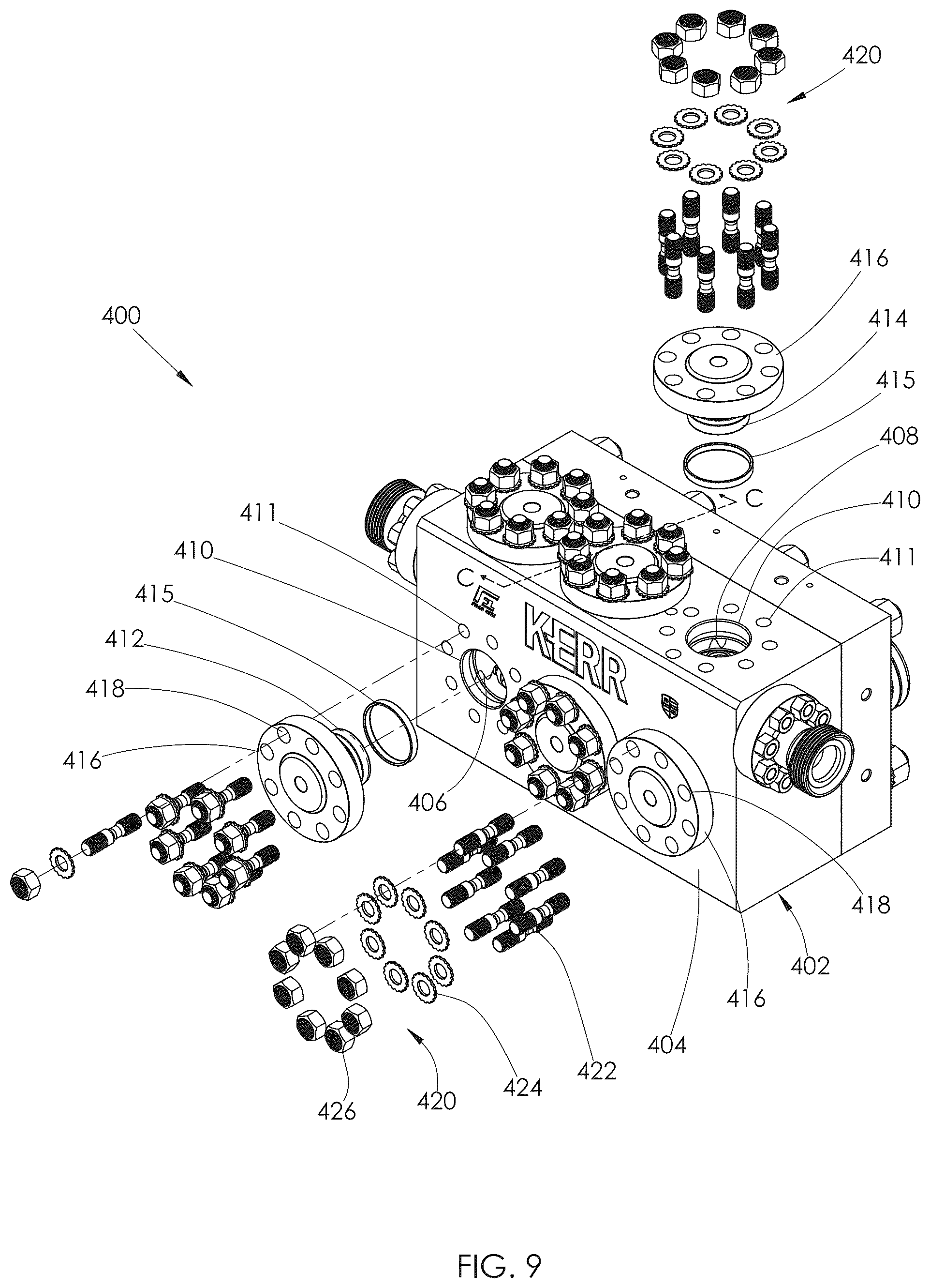 Patent US12410789 Figure 9 – Fluid end assembly