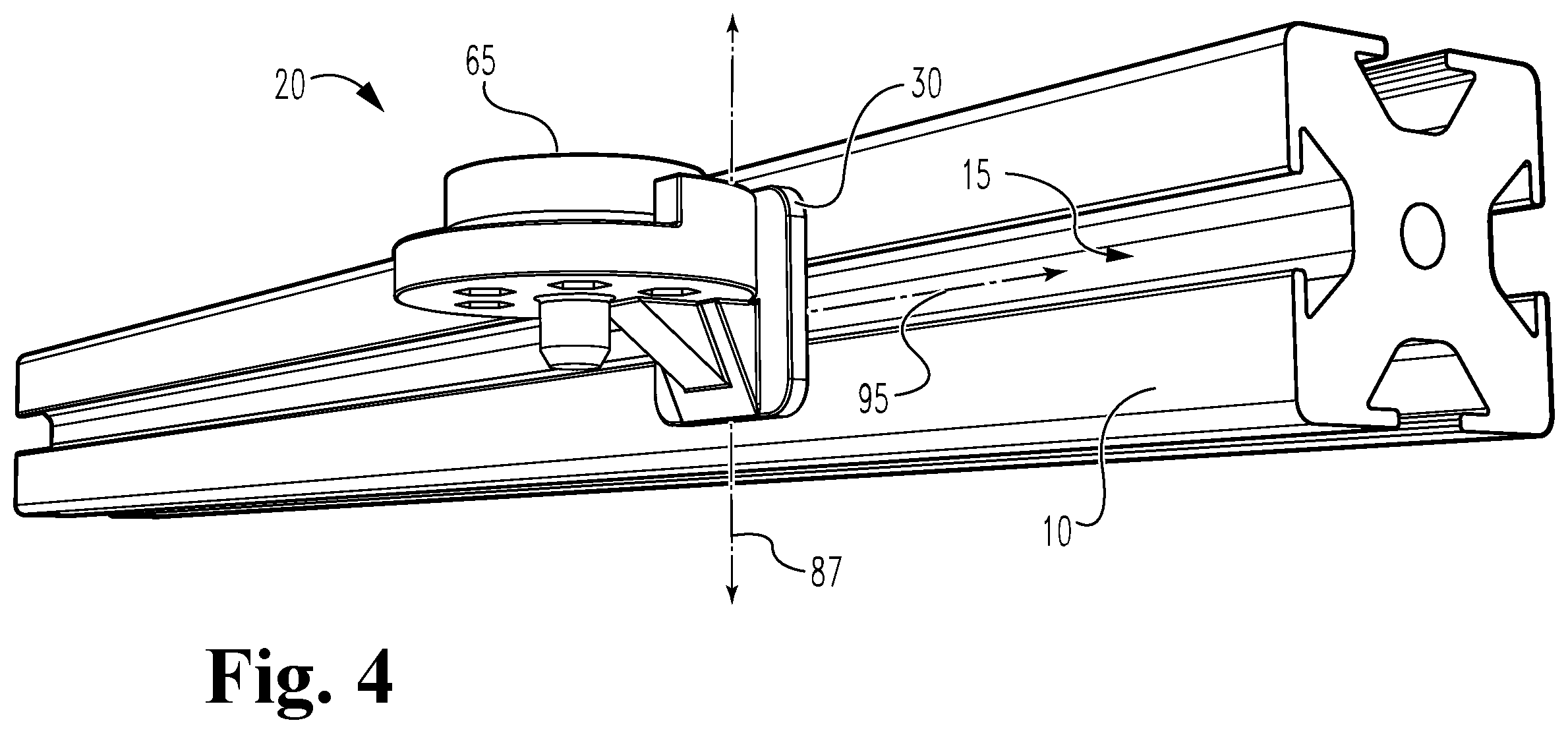 Patent US12410829 Figure 4 – Unitary bracket for T-slotted rails