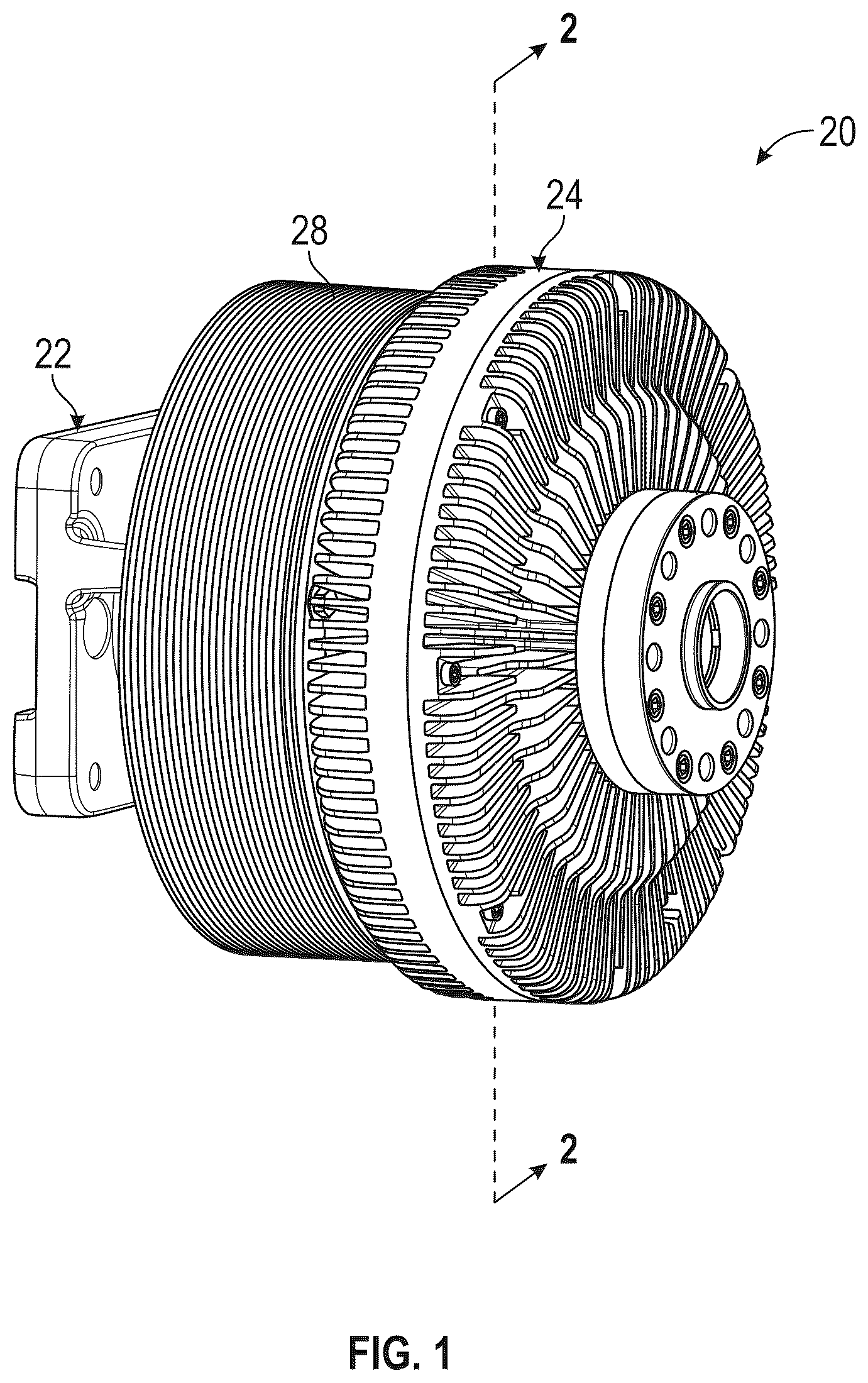 Patent US12410836 Figure 1 – Viscous clutch with front-mounted electromagnetic coil, modular valve and front hub subassemblies for a viscous clutch, and method of making