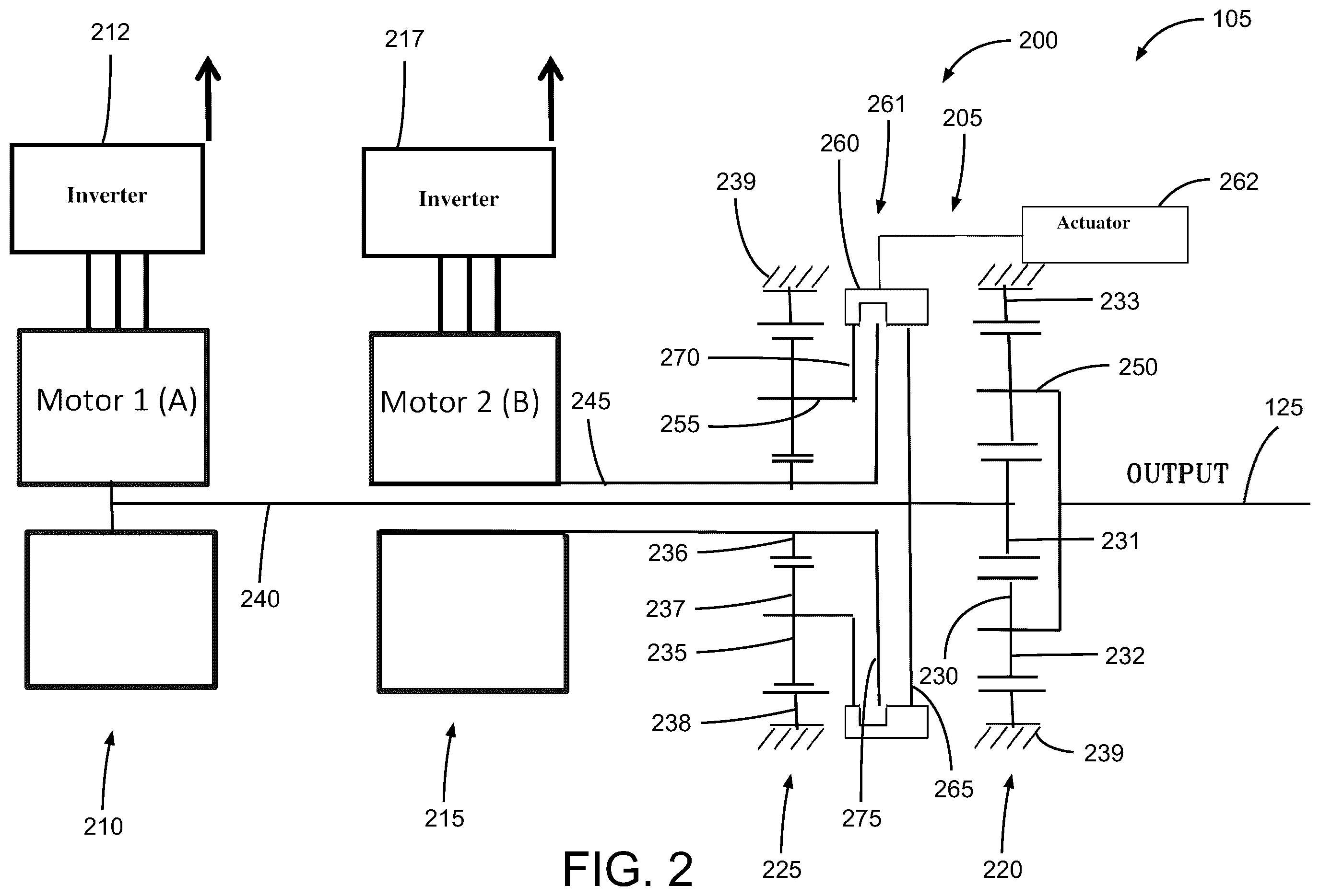Patent US12410849 Figure 2 – Output gearing for a dual motor mixed-speed continuous power transmission