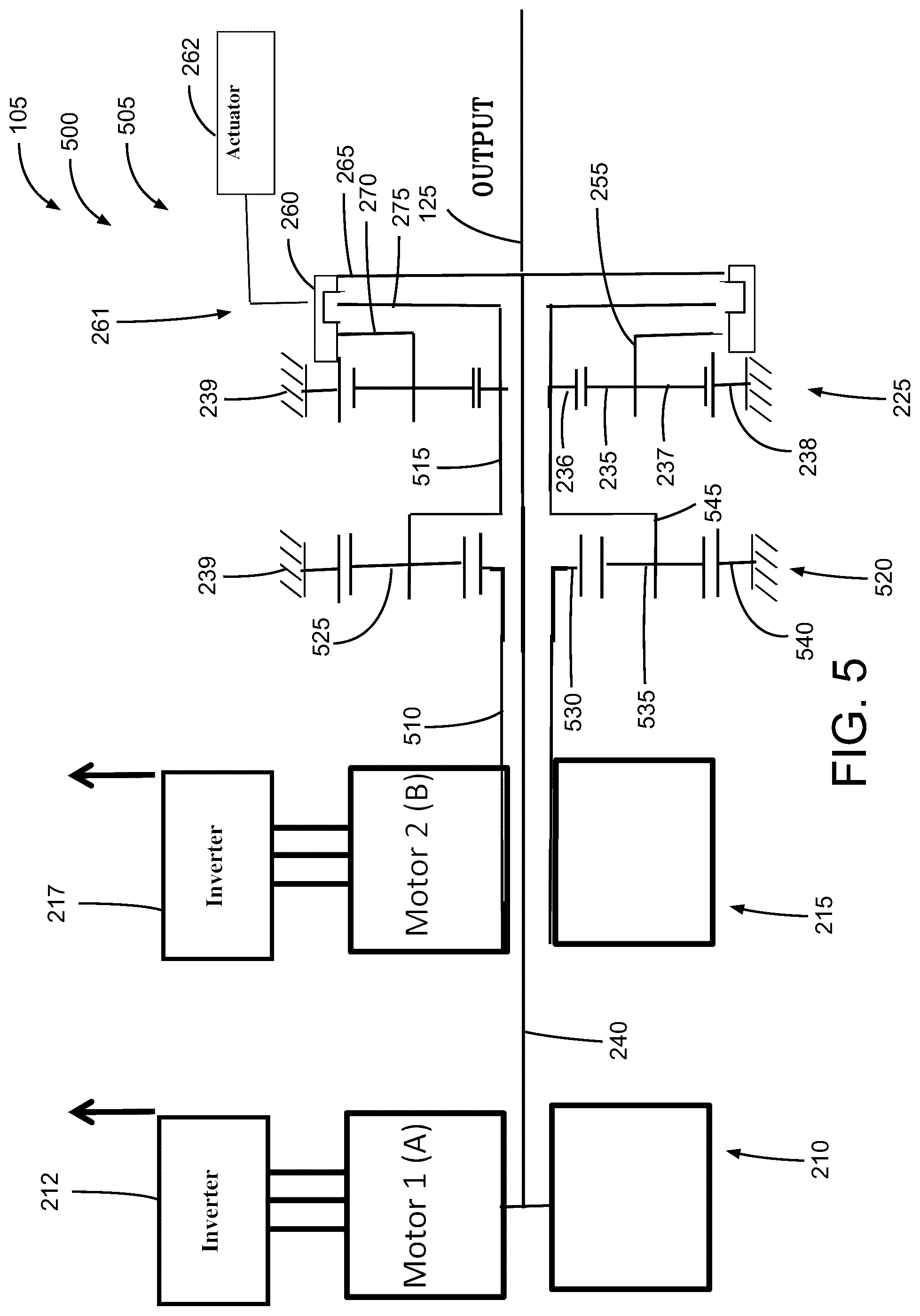 Patent US12410849 Figure 5 – Output gearing for a dual motor mixed-speed continuous power transmission