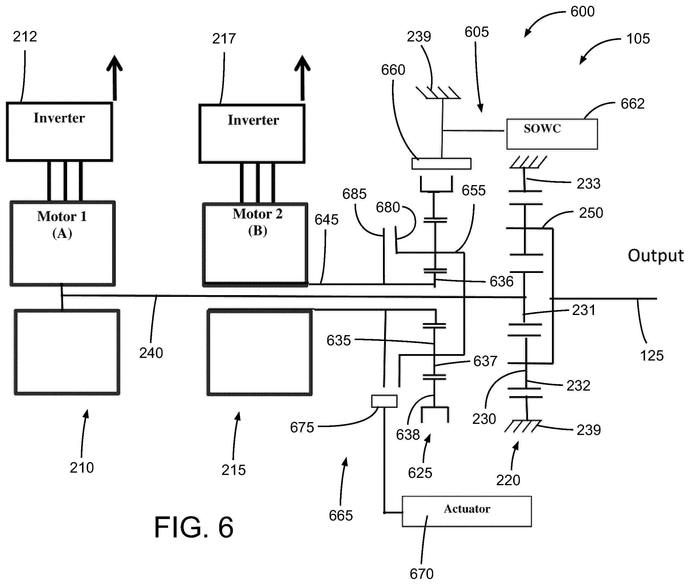 Patent US12410849 Figure 6 – Output gearing for a dual motor mixed-speed continuous power transmission