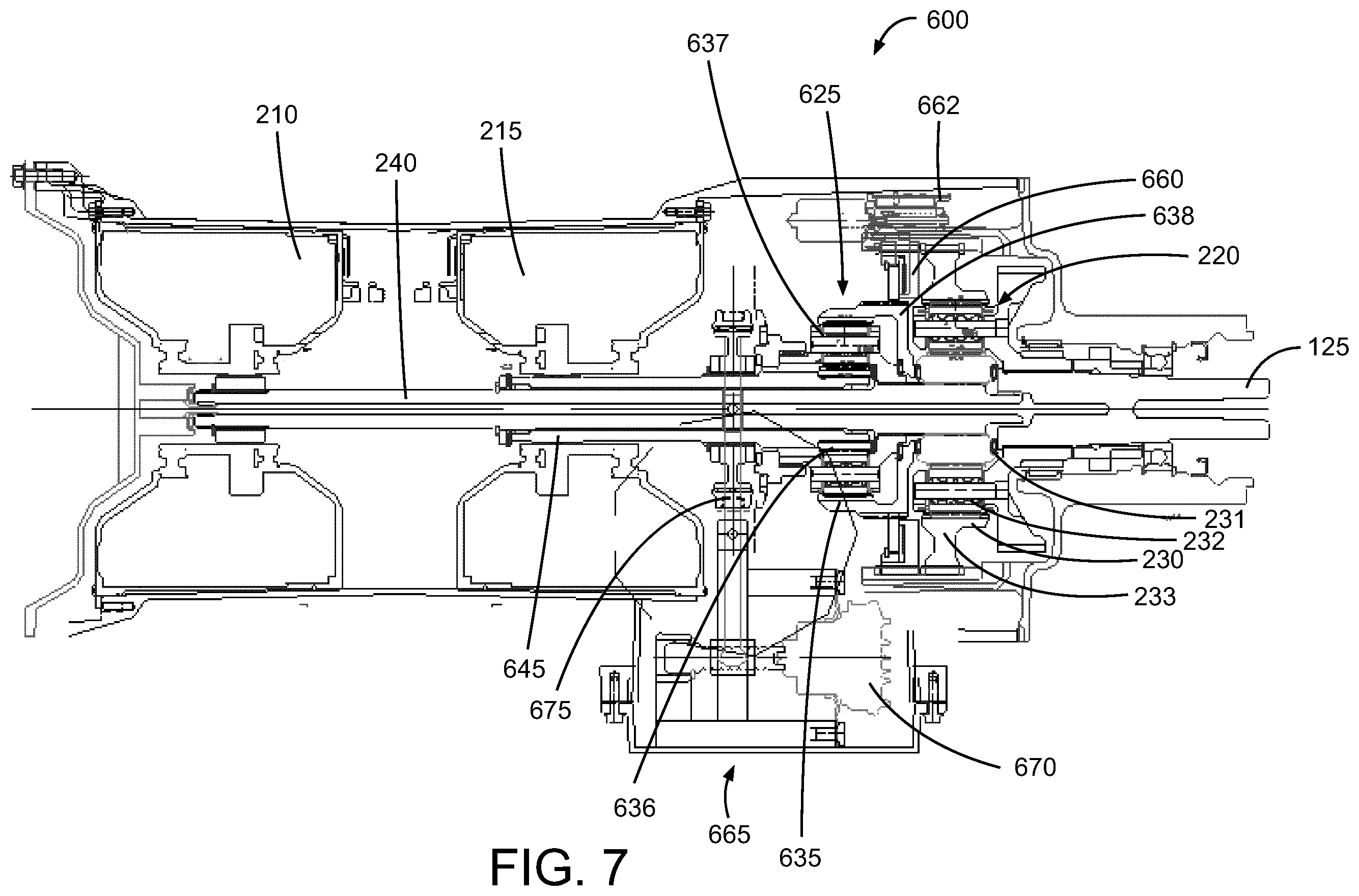 Patent US12410849 Figure 7 – Output gearing for a dual motor mixed-speed continuous power transmission