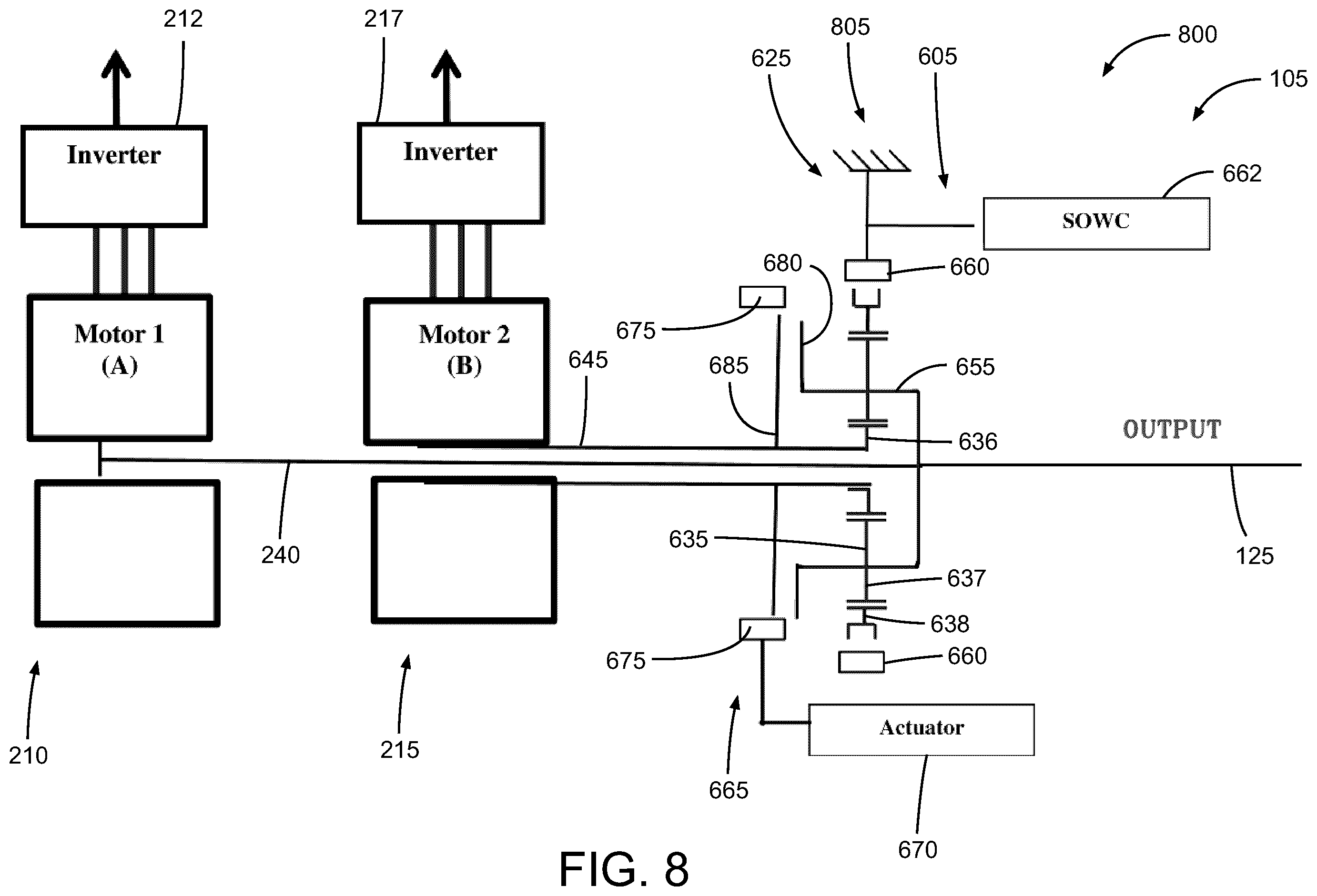 Patent US12410849 Figure 8 – Output gearing for a dual motor mixed-speed continuous power transmission