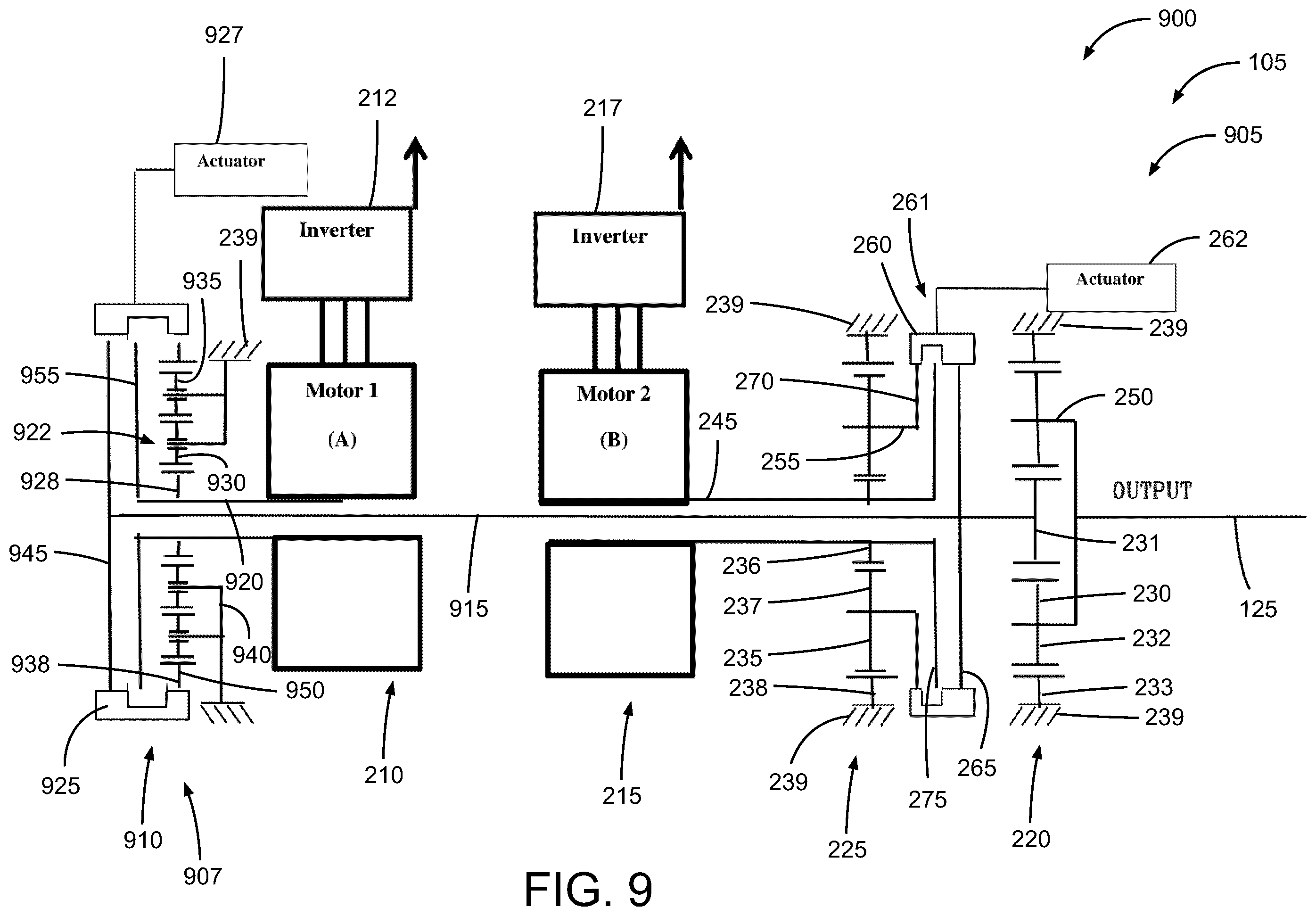Patent US12410849 Figure 9 – Output gearing for a dual motor mixed-speed continuous power transmission