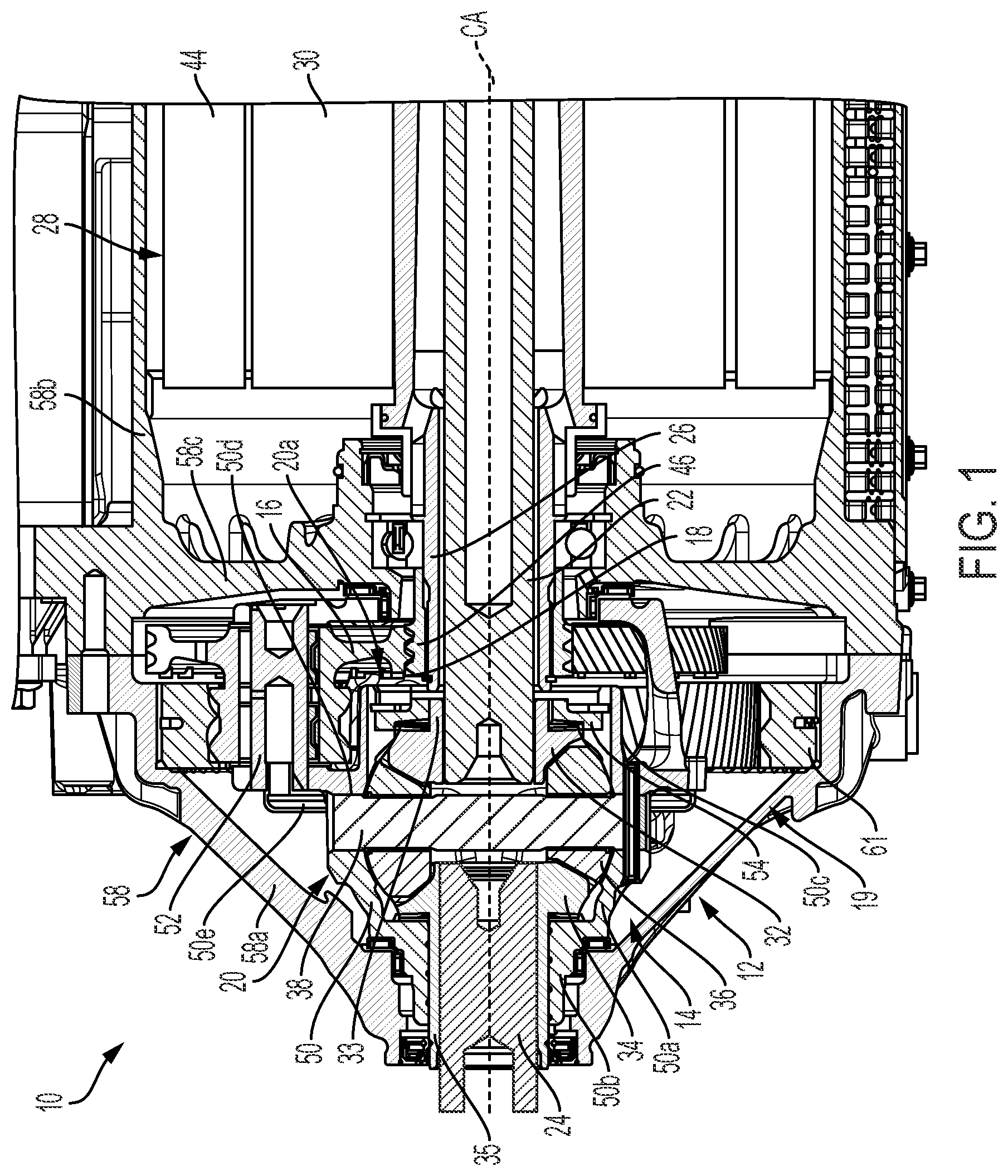 Patent US12410854 Figure 1 – Automotive drivetrain gearbox including differential and planet gears with blades