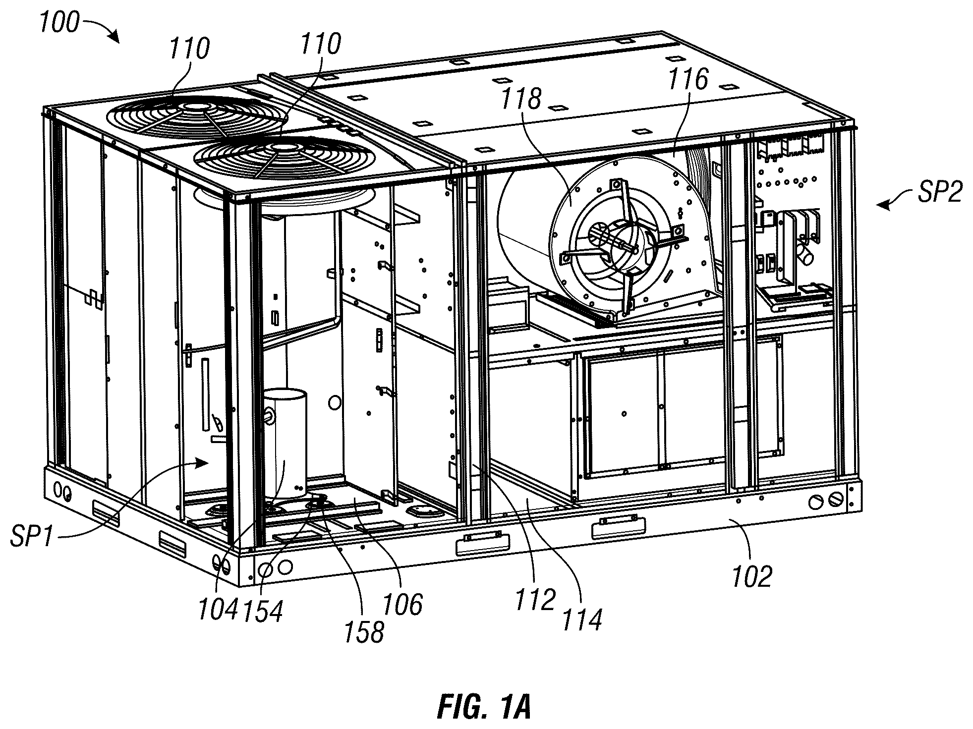 Patent US12410943 Figure 1 – Heating, ventilation, and air conditioning system with tiered multi-level base pan