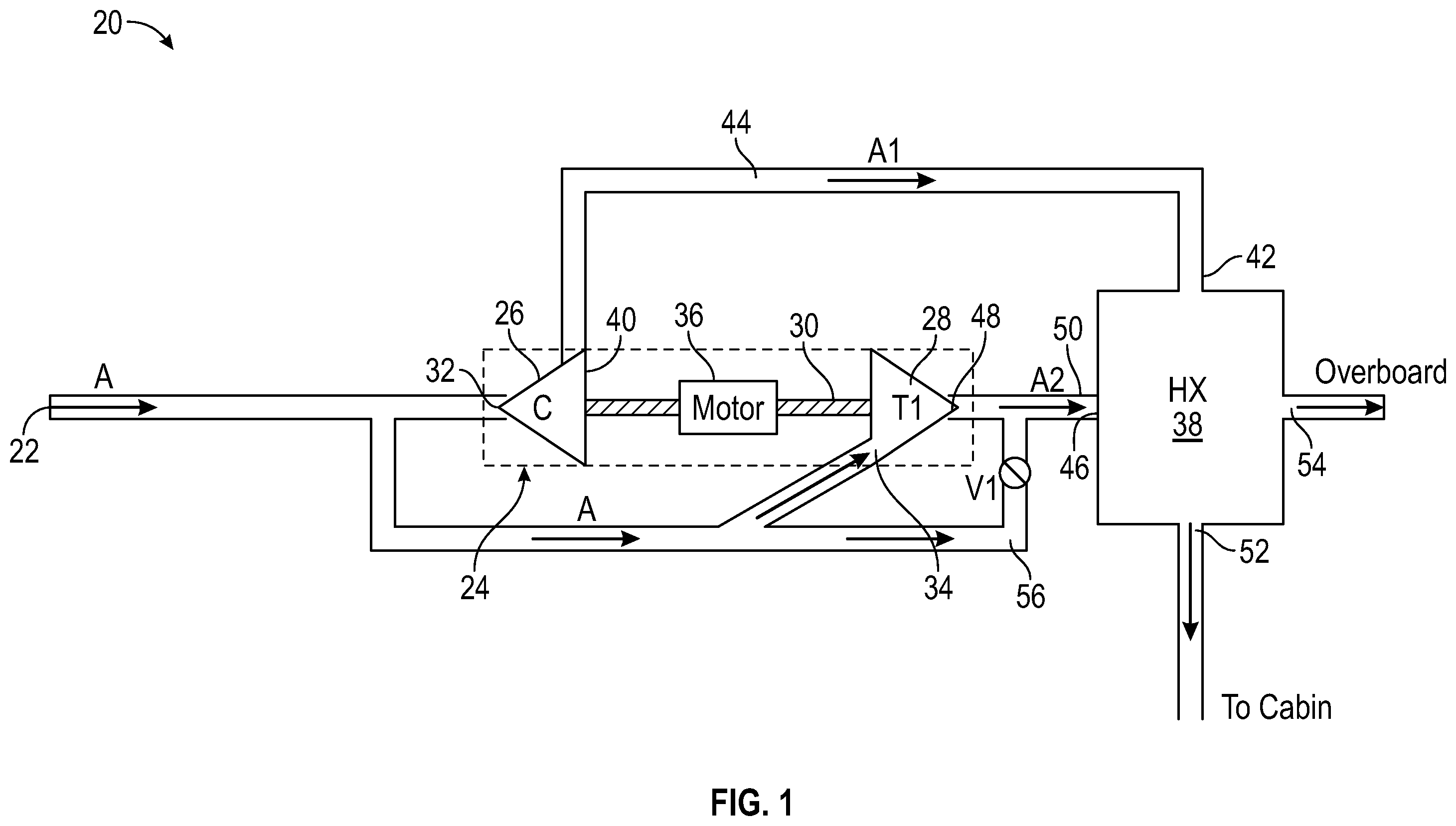 Patent US12410949 Figure 1 – Ram air turbine powered cabin air compressor