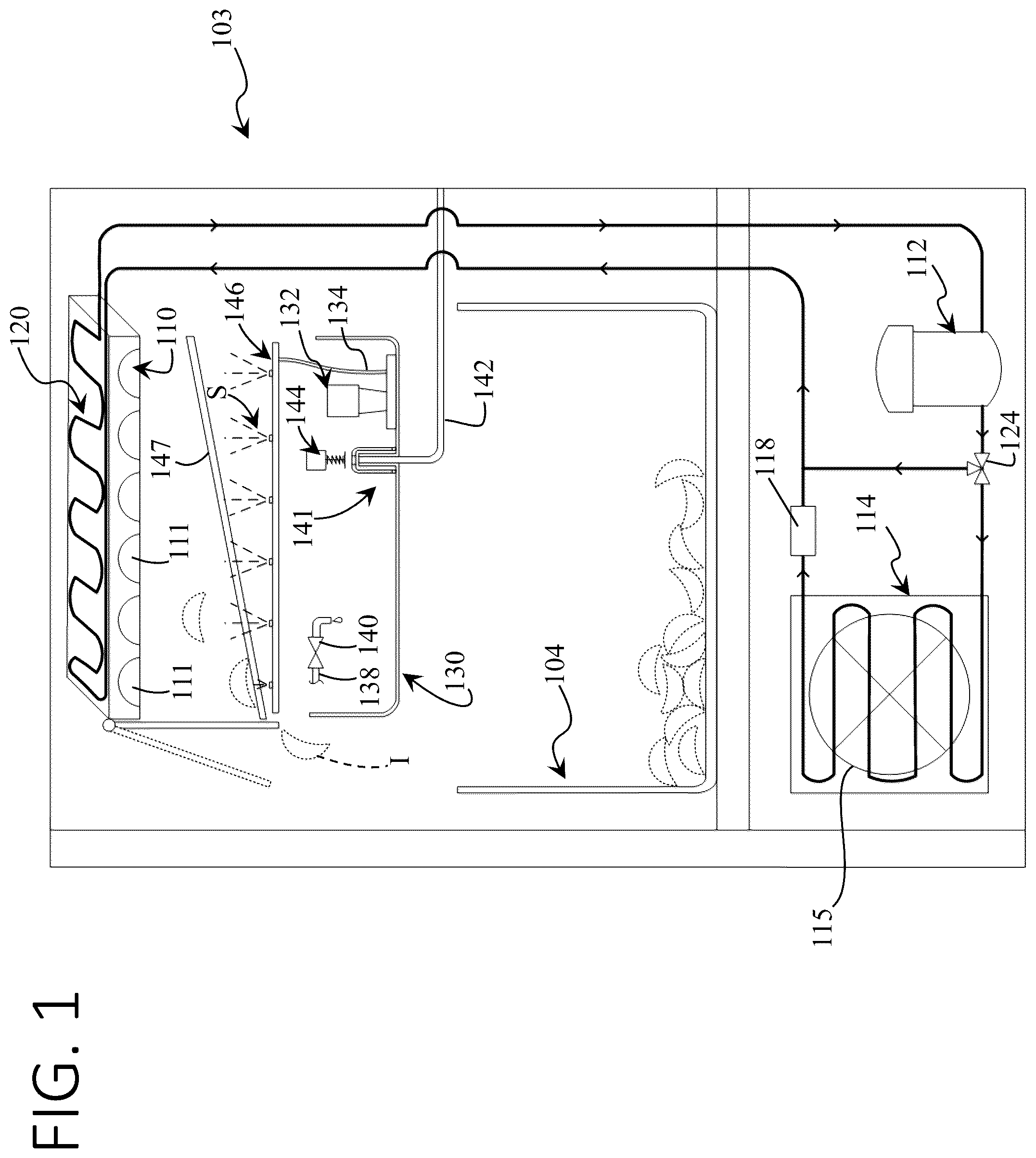 Patent US12410962 Figure 1 – Ice maker with stand pipe drain