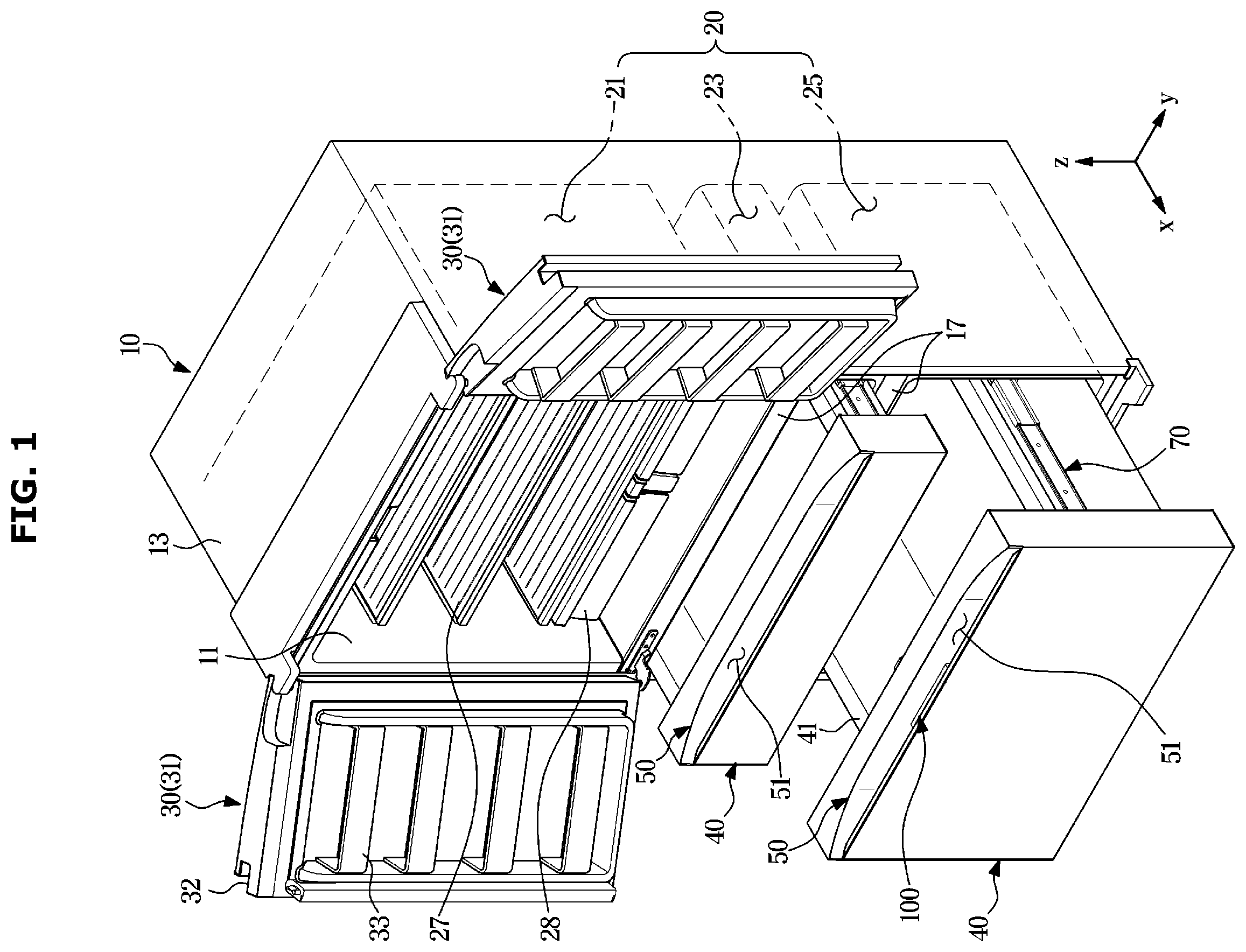 Patent US12410967 Figure 1 – Door opening device and refrigerator having the same