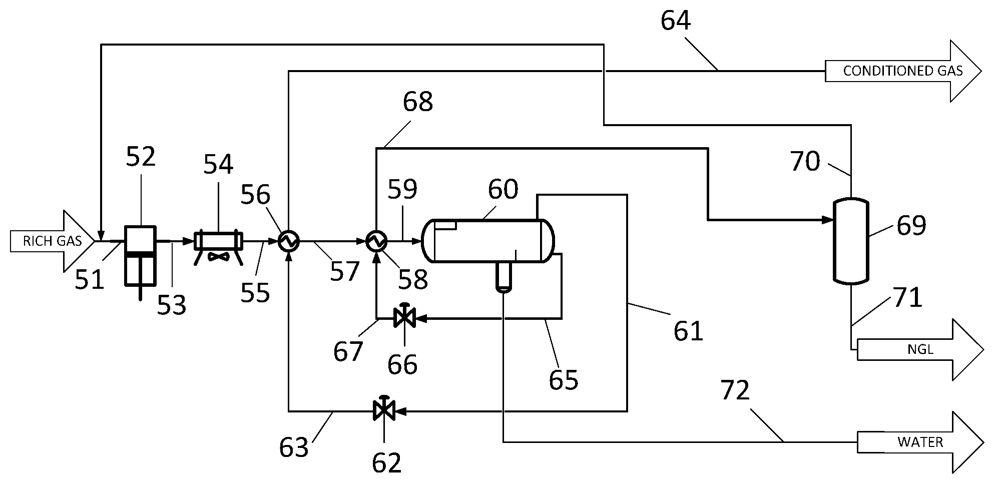 Patent US12410973 Figure 1 – Natural gas conditioning and NGL recovery