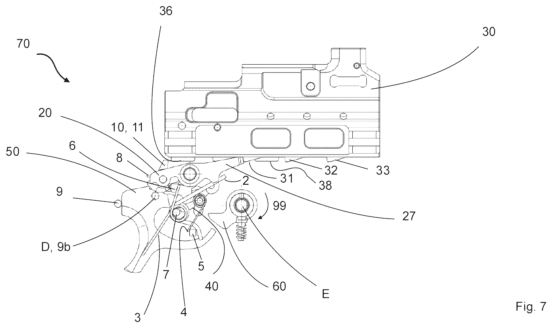 Patent US12410979 Figure 8 – Control element, breechblock stop lever, breechblock carrier, trigger, trigger assembly for an automatic weapon, and an automatic weapon equipped therewith