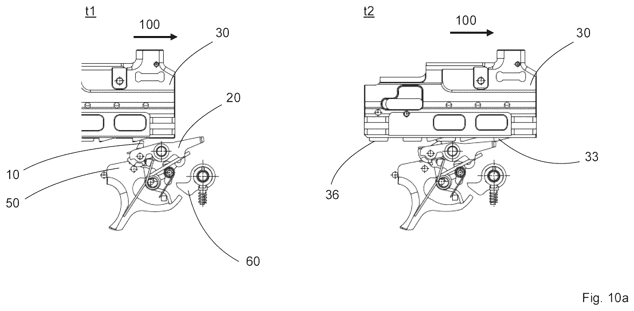 Patent US12410979 Figure 11 – Control element, breechblock stop lever, breechblock carrier, trigger, trigger assembly for an automatic weapon, and an automatic weapon equipped therewith