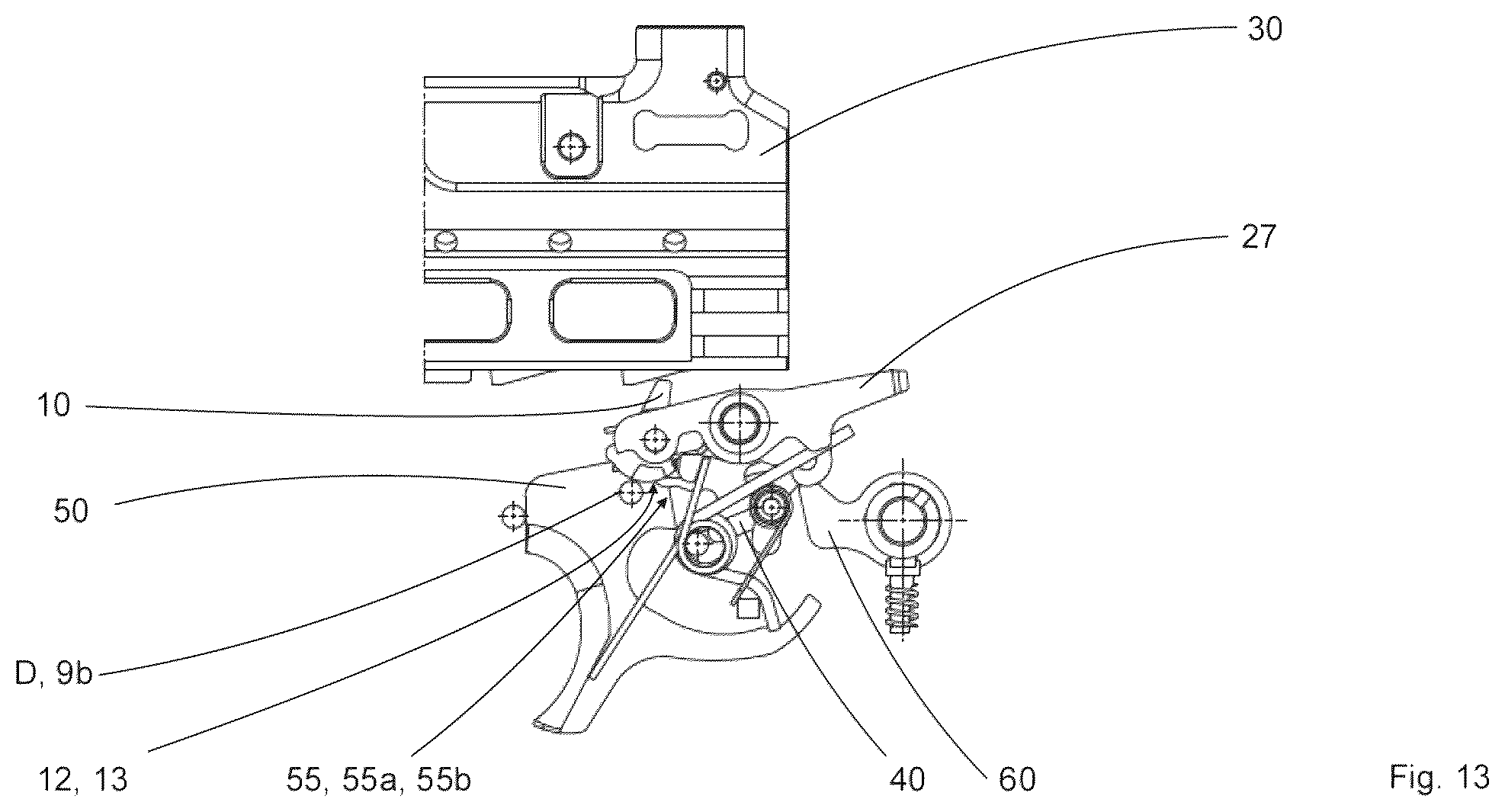 Patent US12410979 Figure 18 – Control element, breechblock stop lever, breechblock carrier, trigger, trigger assembly for an automatic weapon, and an automatic weapon equipped therewith