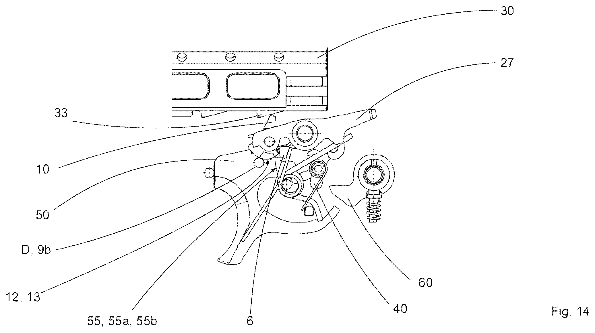 Patent US12410979 Figure 19 – Control element, breechblock stop lever, breechblock carrier, trigger, trigger assembly for an automatic weapon, and an automatic weapon equipped therewith