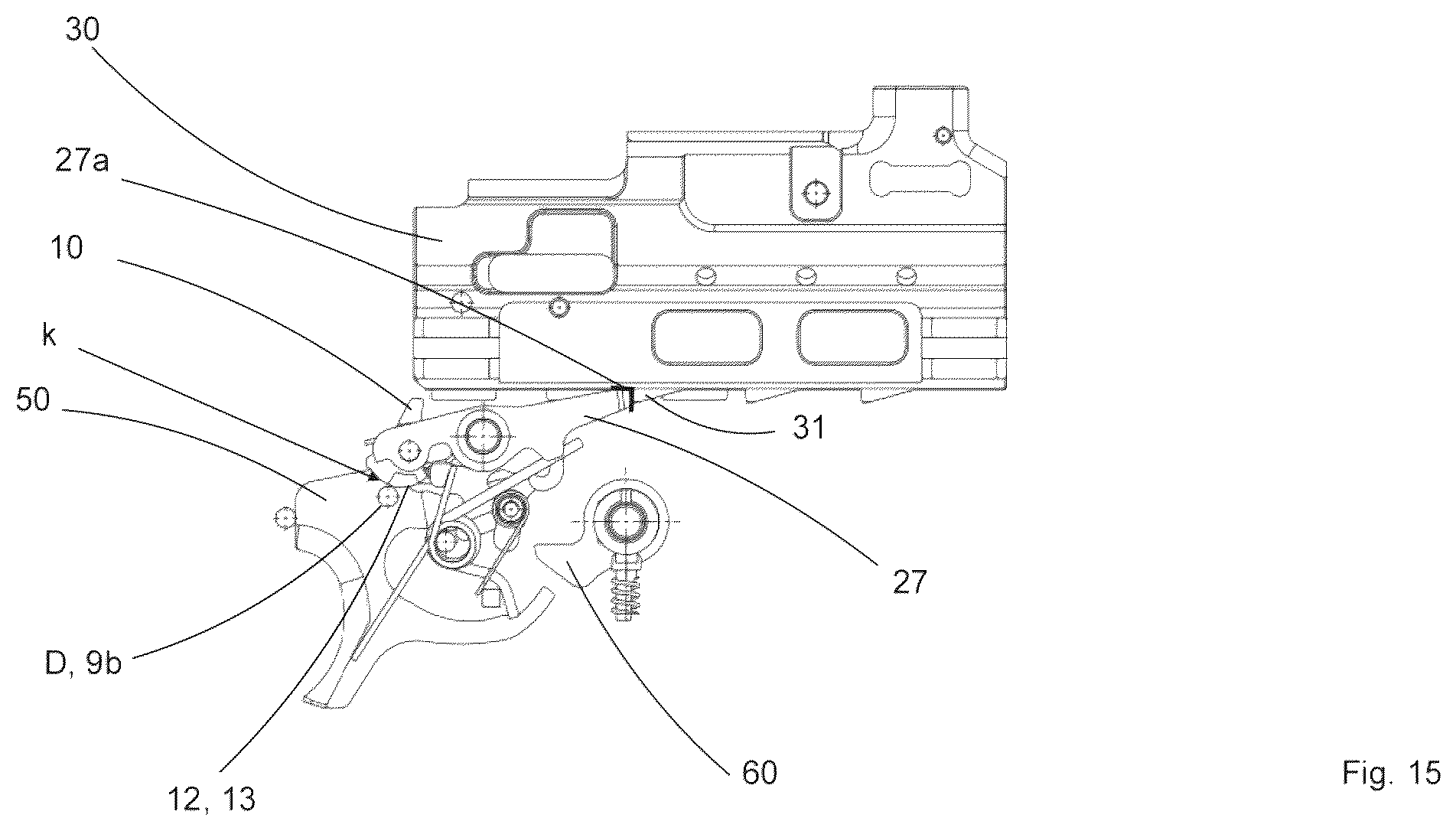 Patent US12410979 Figure 20 – Control element, breechblock stop lever, breechblock carrier, trigger, trigger assembly for an automatic weapon, and an automatic weapon equipped therewith