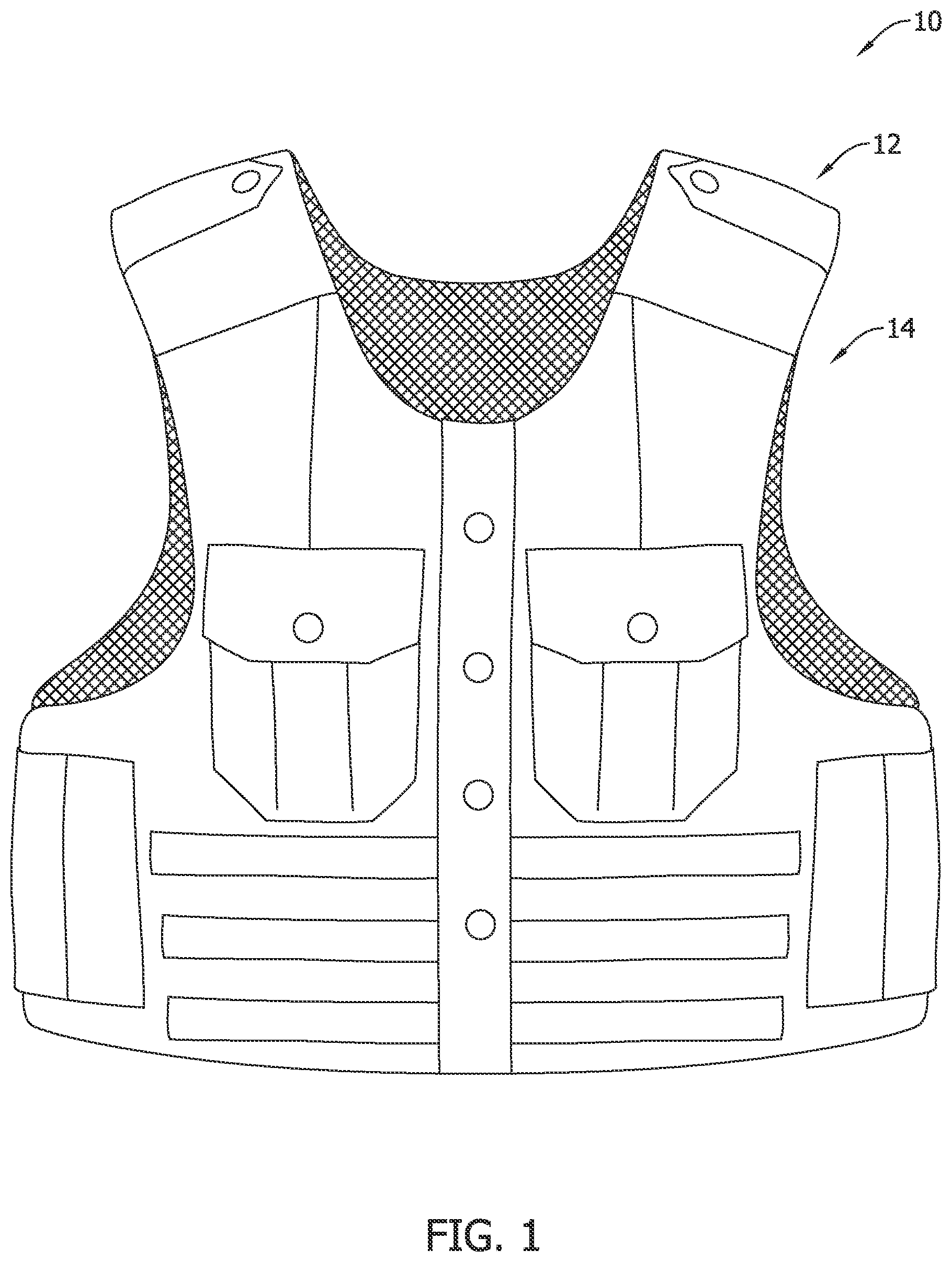 Patent US12410992 Figure 1 – Body armor panel for use with personal protective vest and system for assembling same
