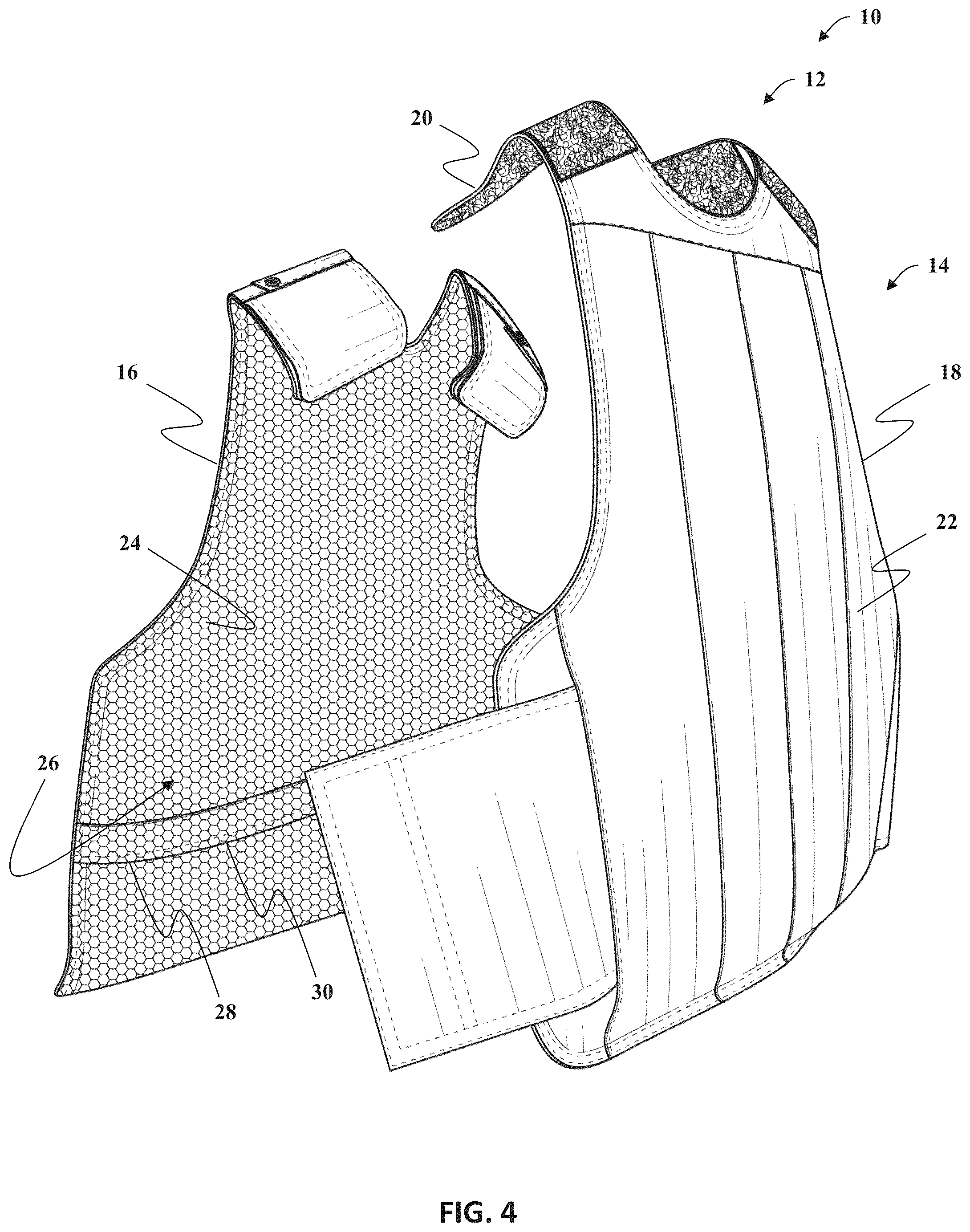 Patent US12410992 Figure 4 – Body armor panel for use with personal protective vest and system for assembling same
