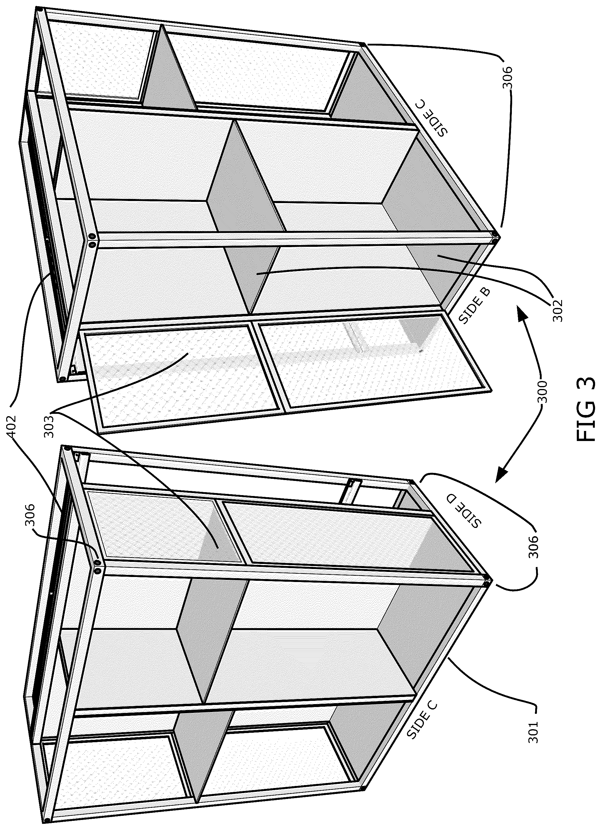 Patent US12410993 Figure 3 – Mobile ballistics and projectile resistant crate with telescoping protective ballistic resistant panels and removable storage cage