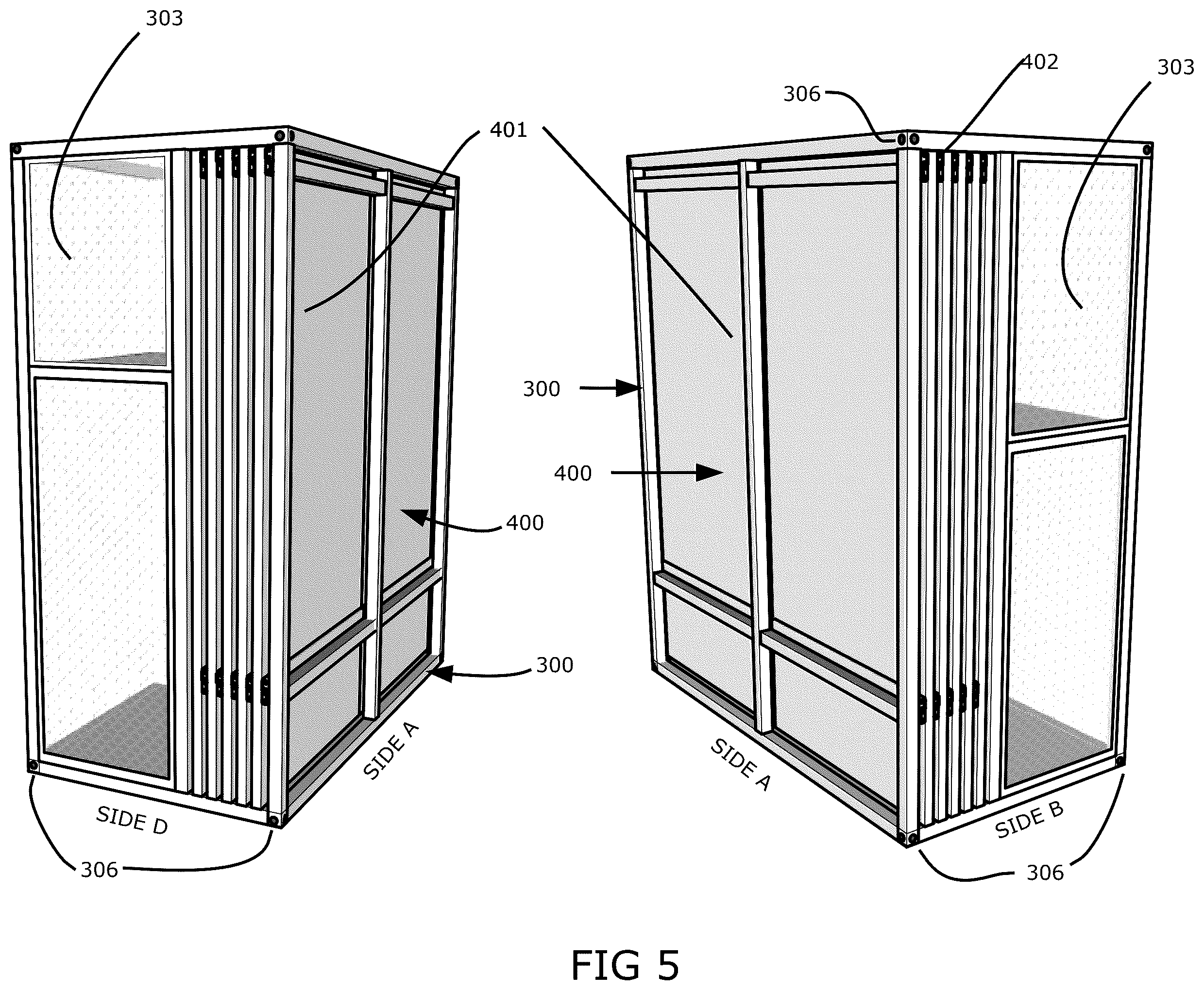 Patent US12410993 Figure 5 – Mobile ballistics and projectile resistant crate with telescoping protective ballistic resistant panels and removable storage cage