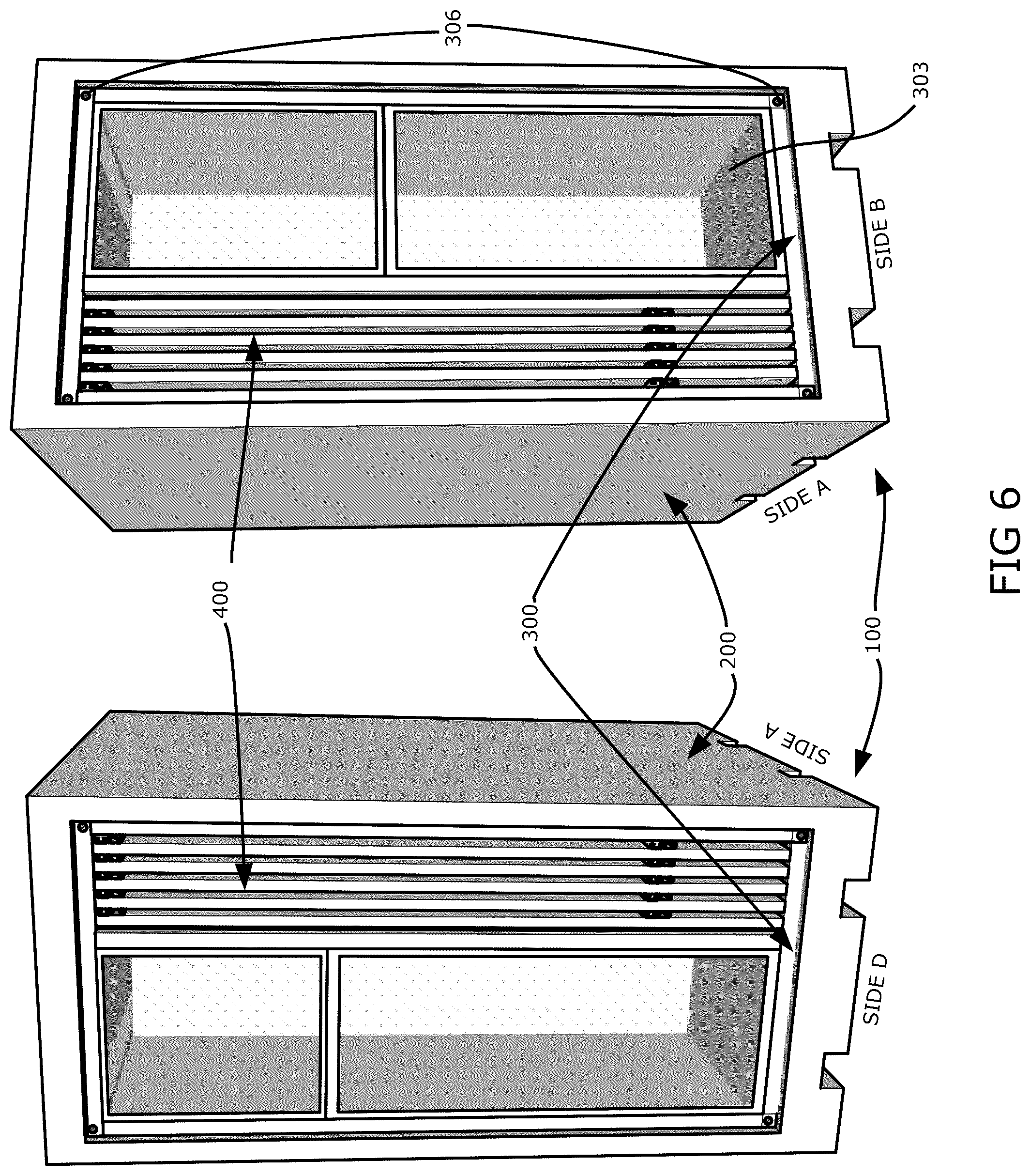Patent US12410993 Figure 6 – Mobile ballistics and projectile resistant crate with telescoping protective ballistic resistant panels and removable storage cage
