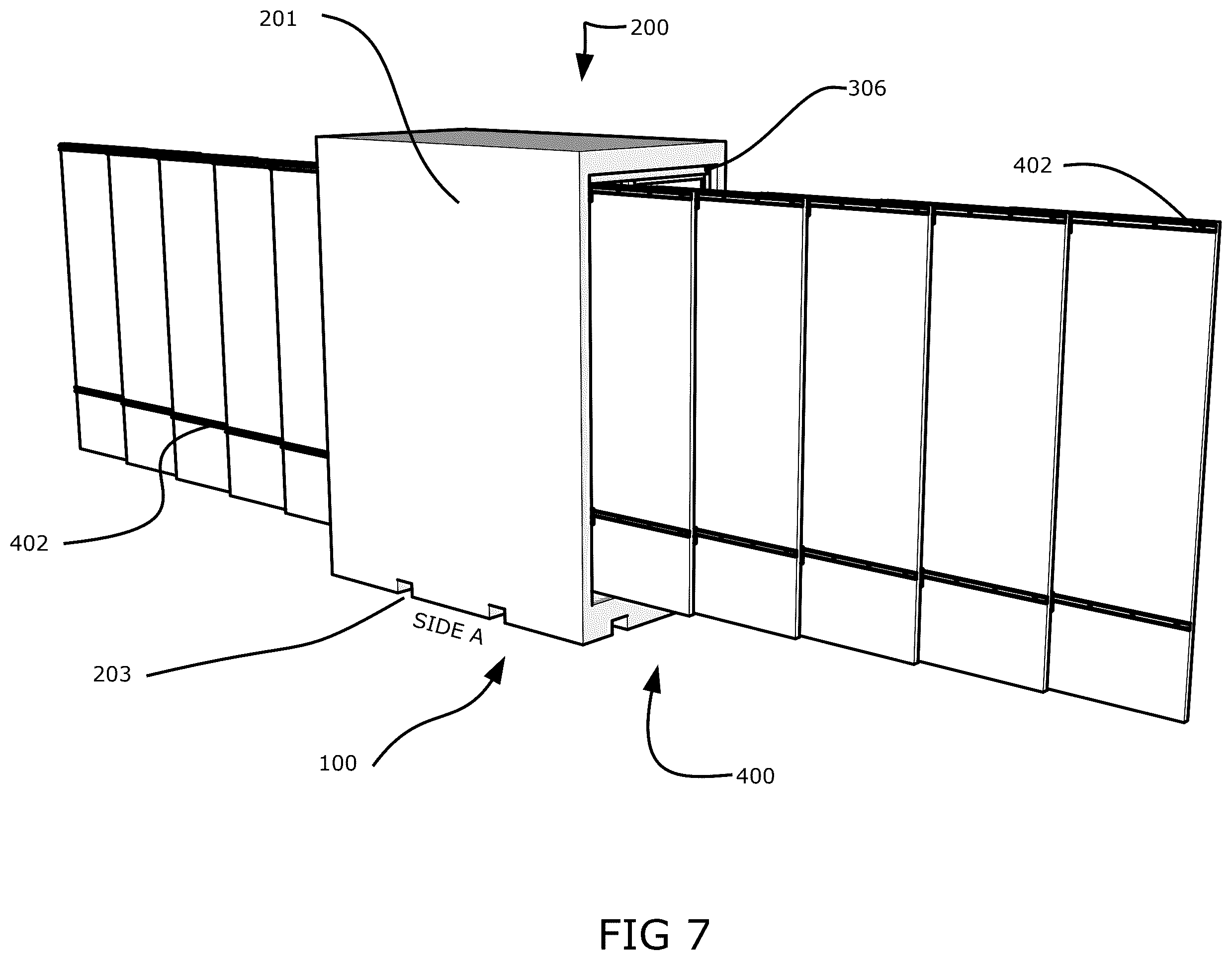 Patent US12410993 Figure 7 – Mobile ballistics and projectile resistant crate with telescoping protective ballistic resistant panels and removable storage cage