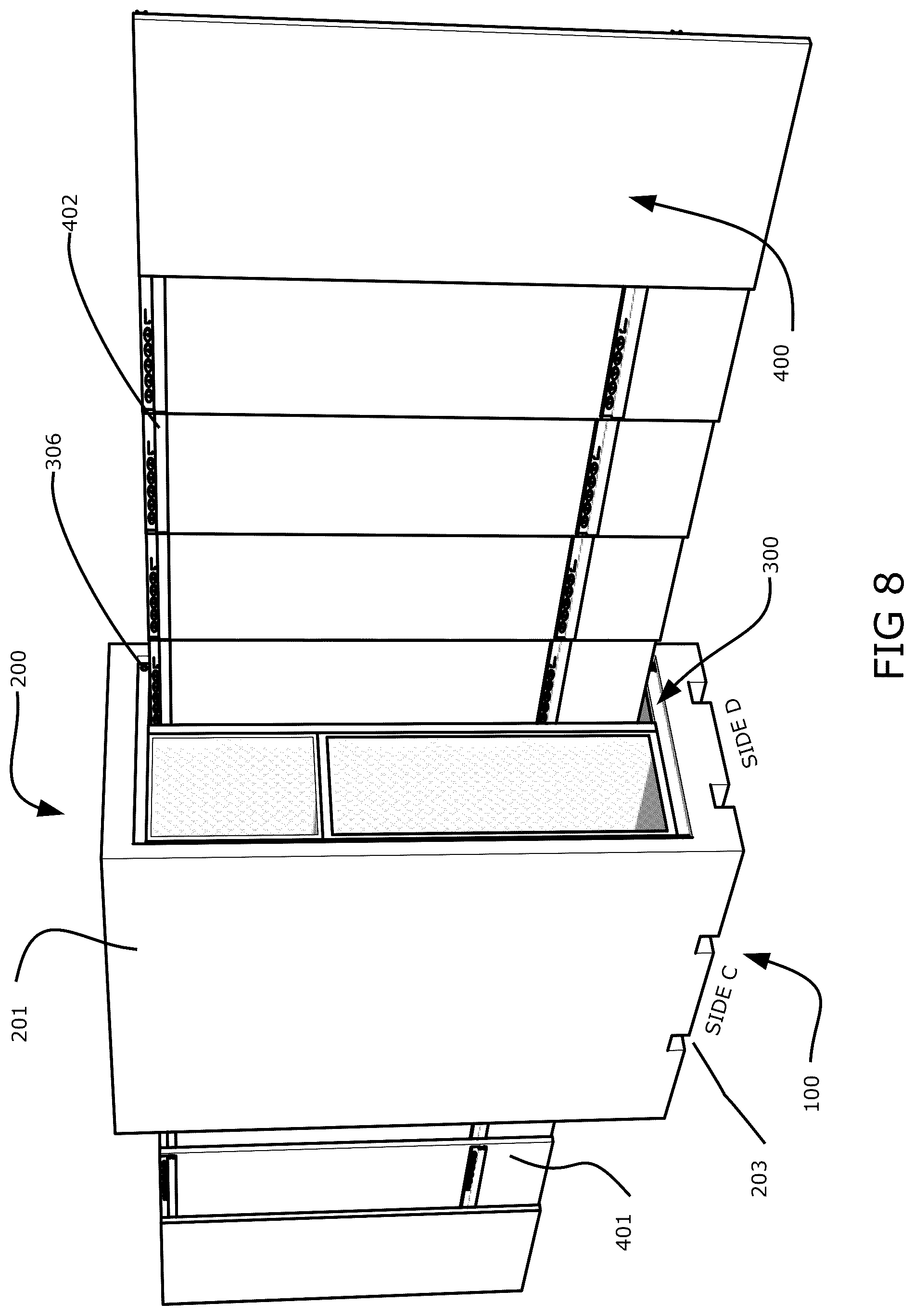 Patent US12410993 Figure 8 – Mobile ballistics and projectile resistant crate with telescoping protective ballistic resistant panels and removable storage cage