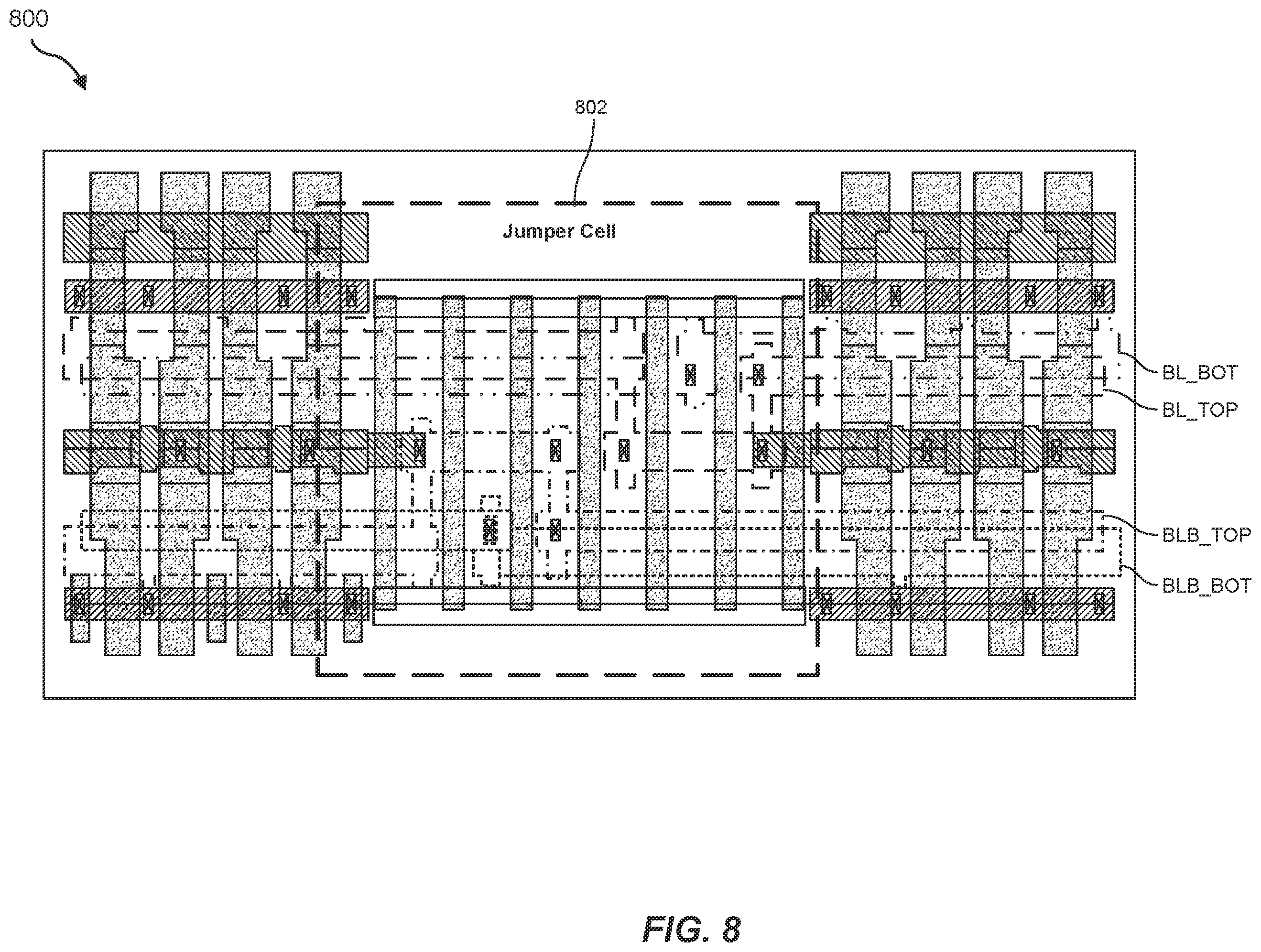 Patent US12414283 Figure 8 – Devices and systems for flying bitline with jumper cell