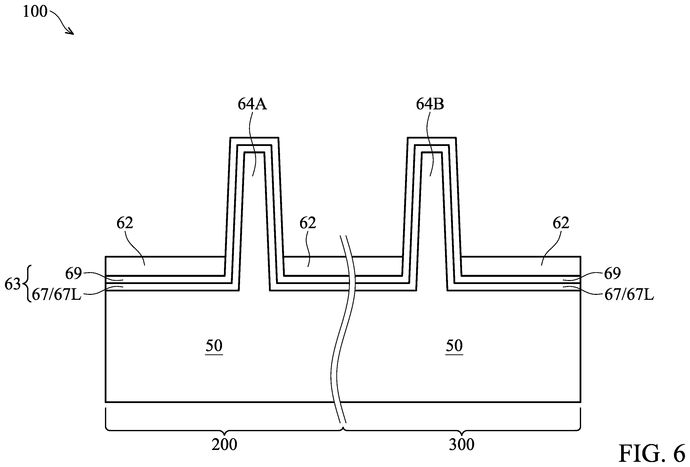 Patent US12414320 Figure 6 – Fin field-effect transistor device with composite liner for the fin