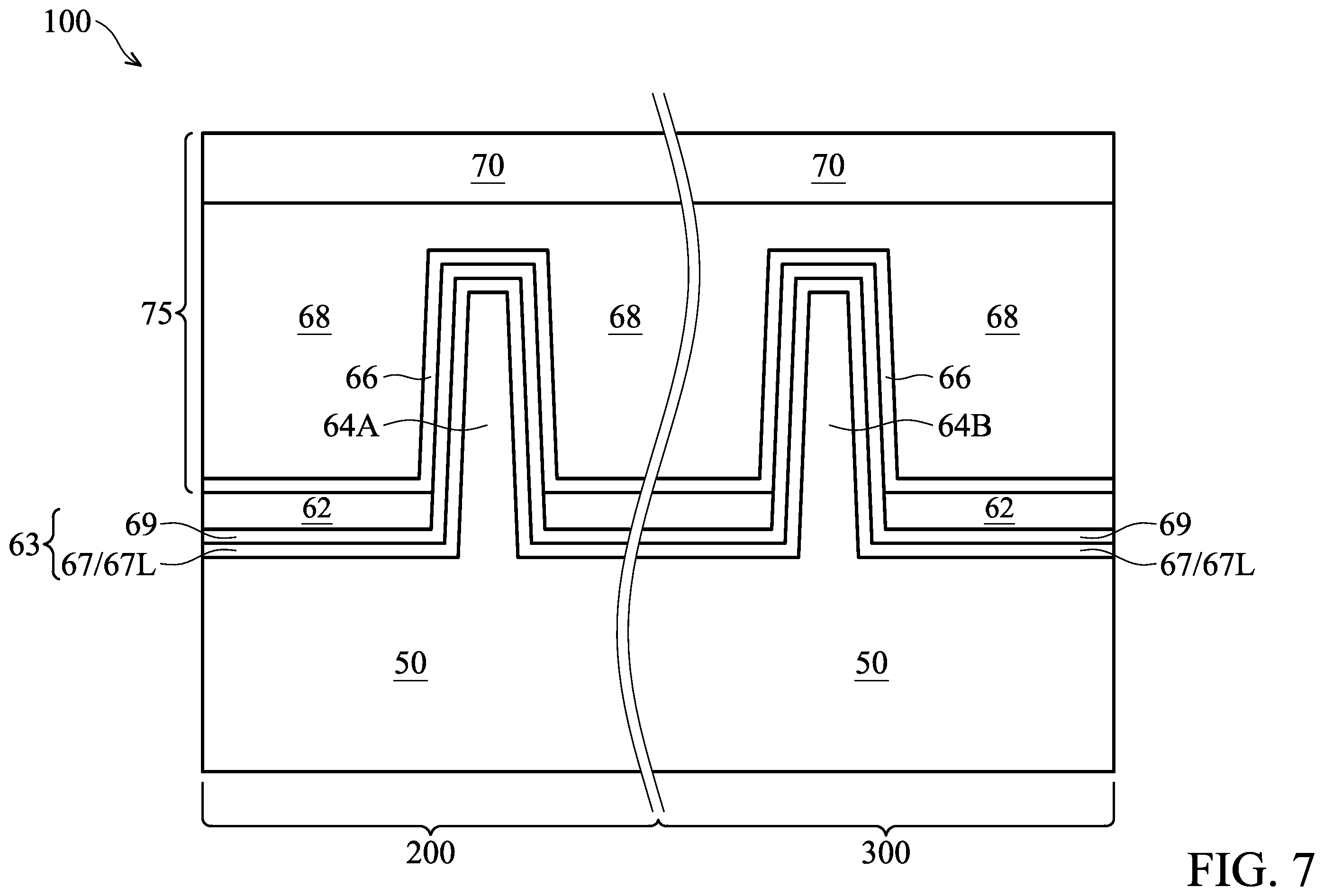 Patent US12414320 Figure 7 – Fin field-effect transistor device with composite liner for the fin