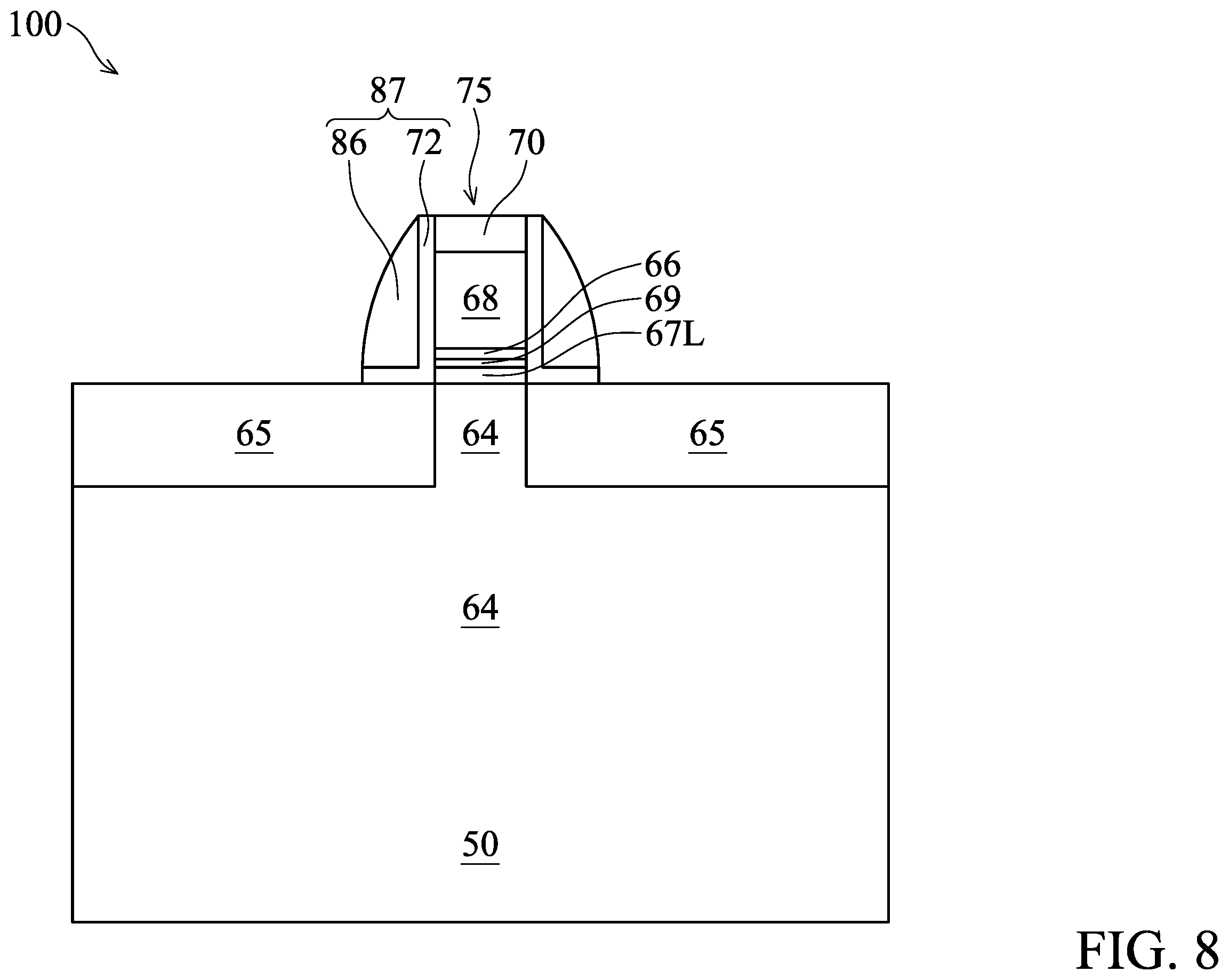 Patent US12414320 Figure 8 – Fin field-effect transistor device with composite liner for the fin