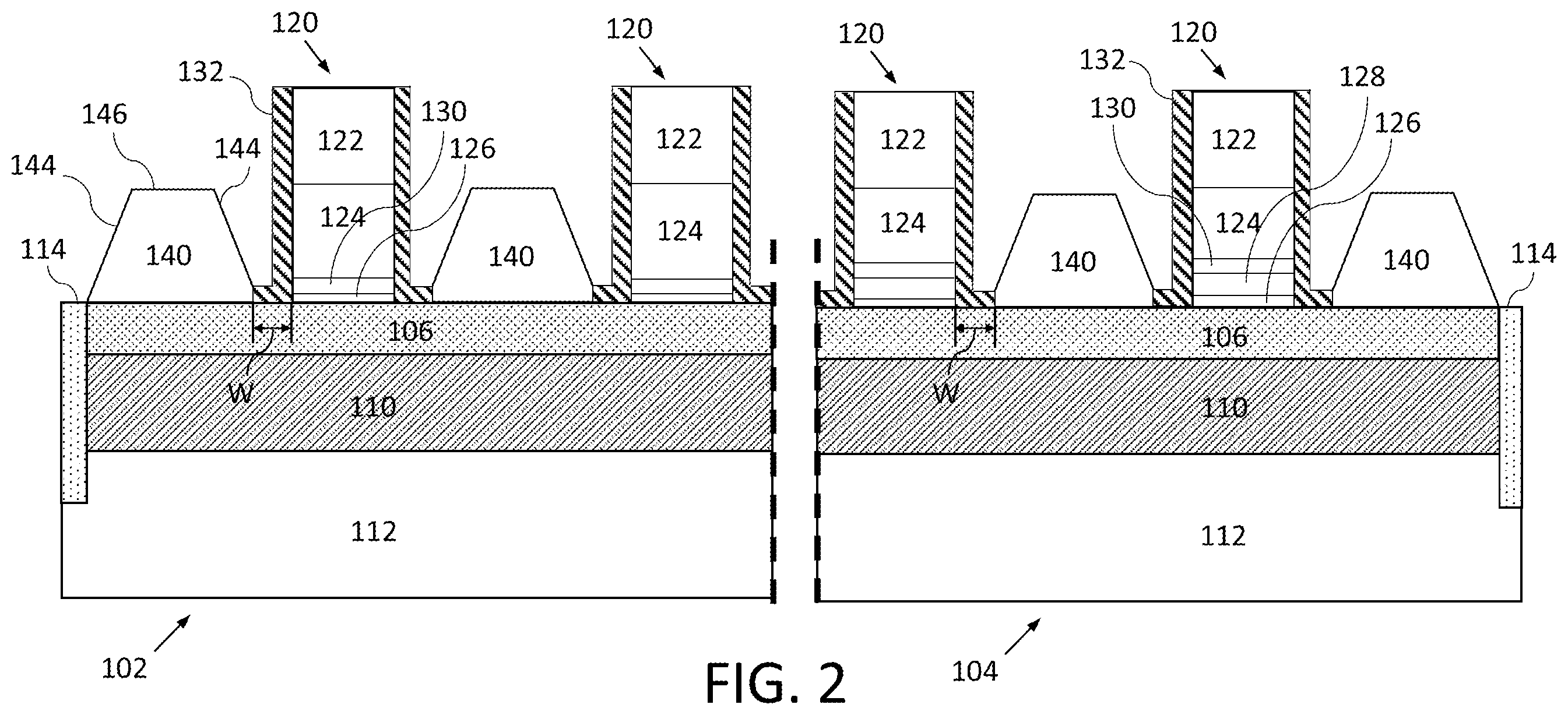 Patent US12414343 Figure 2 – Semiconductor device with different sized epitaxial structures