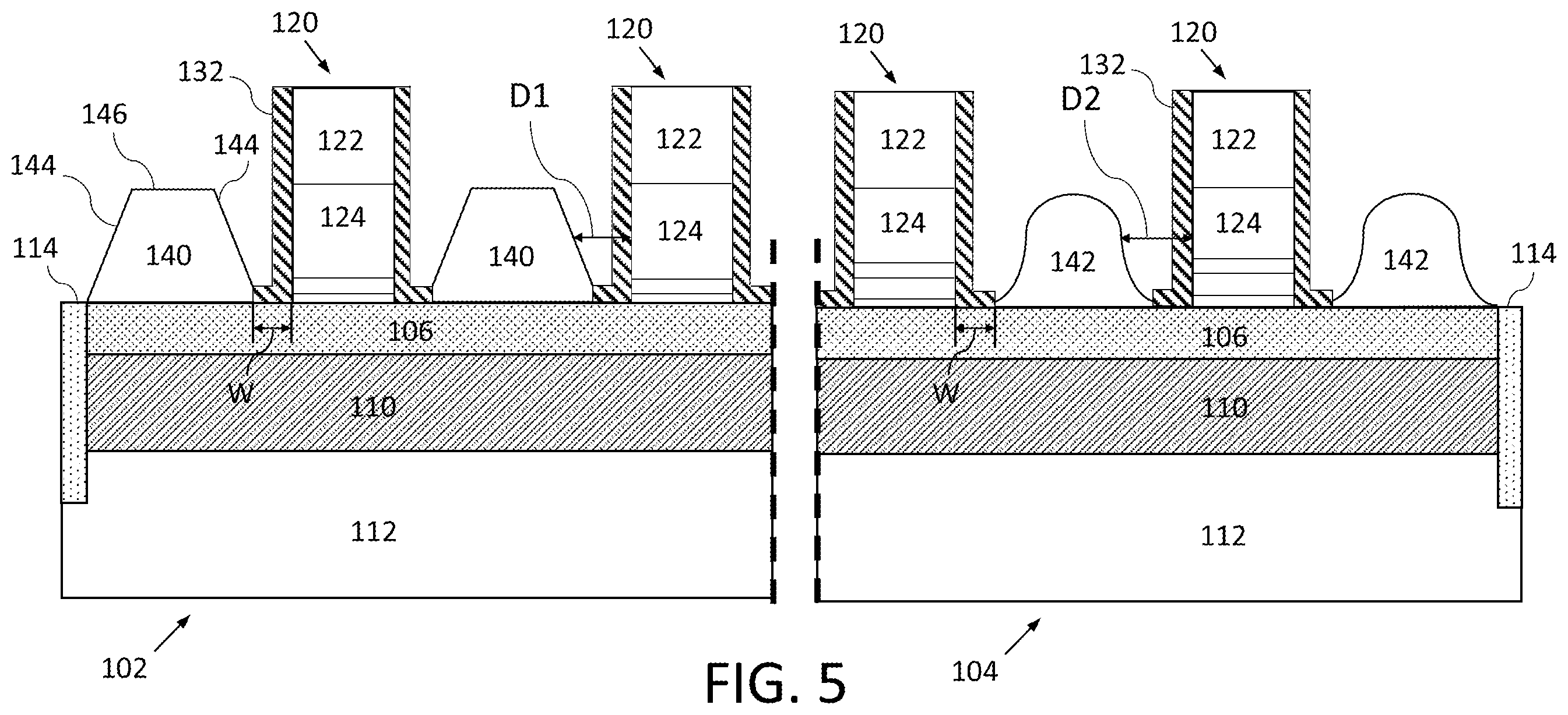 Patent US12414343 Figure 5 – Semiconductor device with different sized epitaxial structures