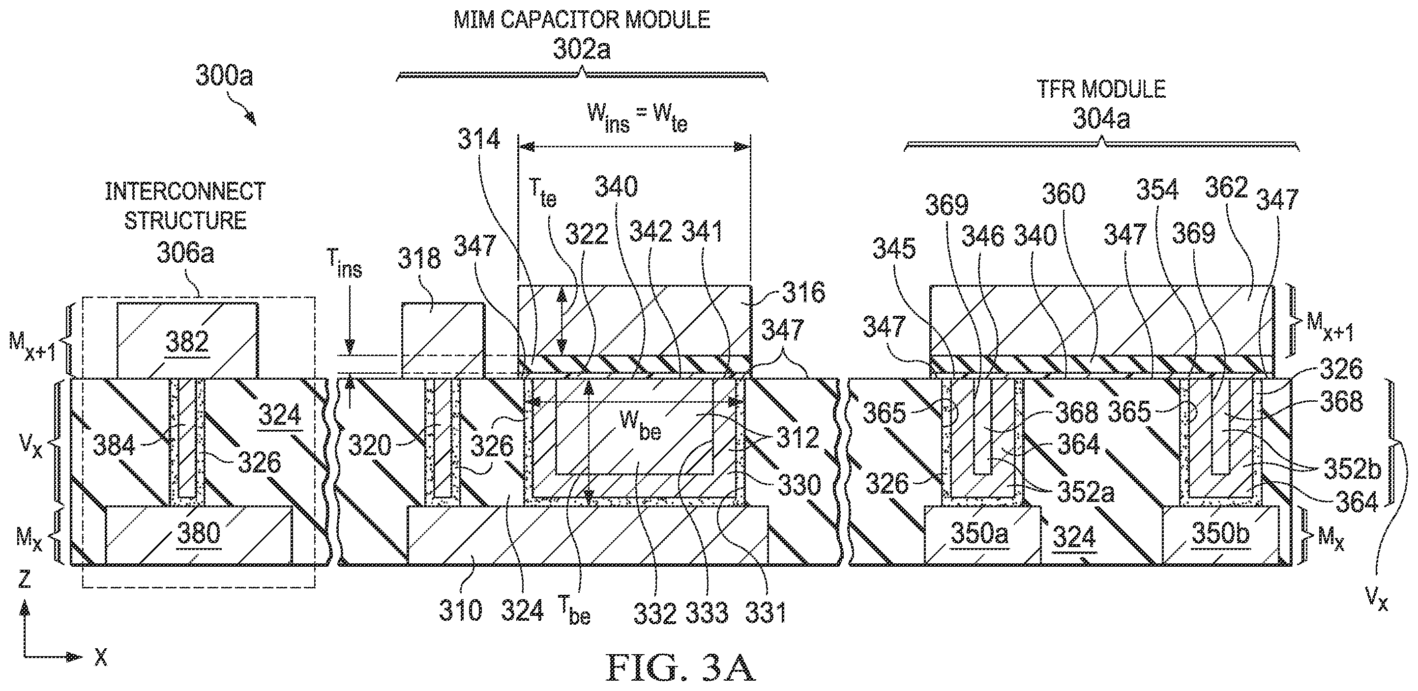 Patent US12414359 Figure 4 – Integrated circuit structure including a metal-insulator-metal (MIM) capacitor module and a thin-film resistor (TFR) module