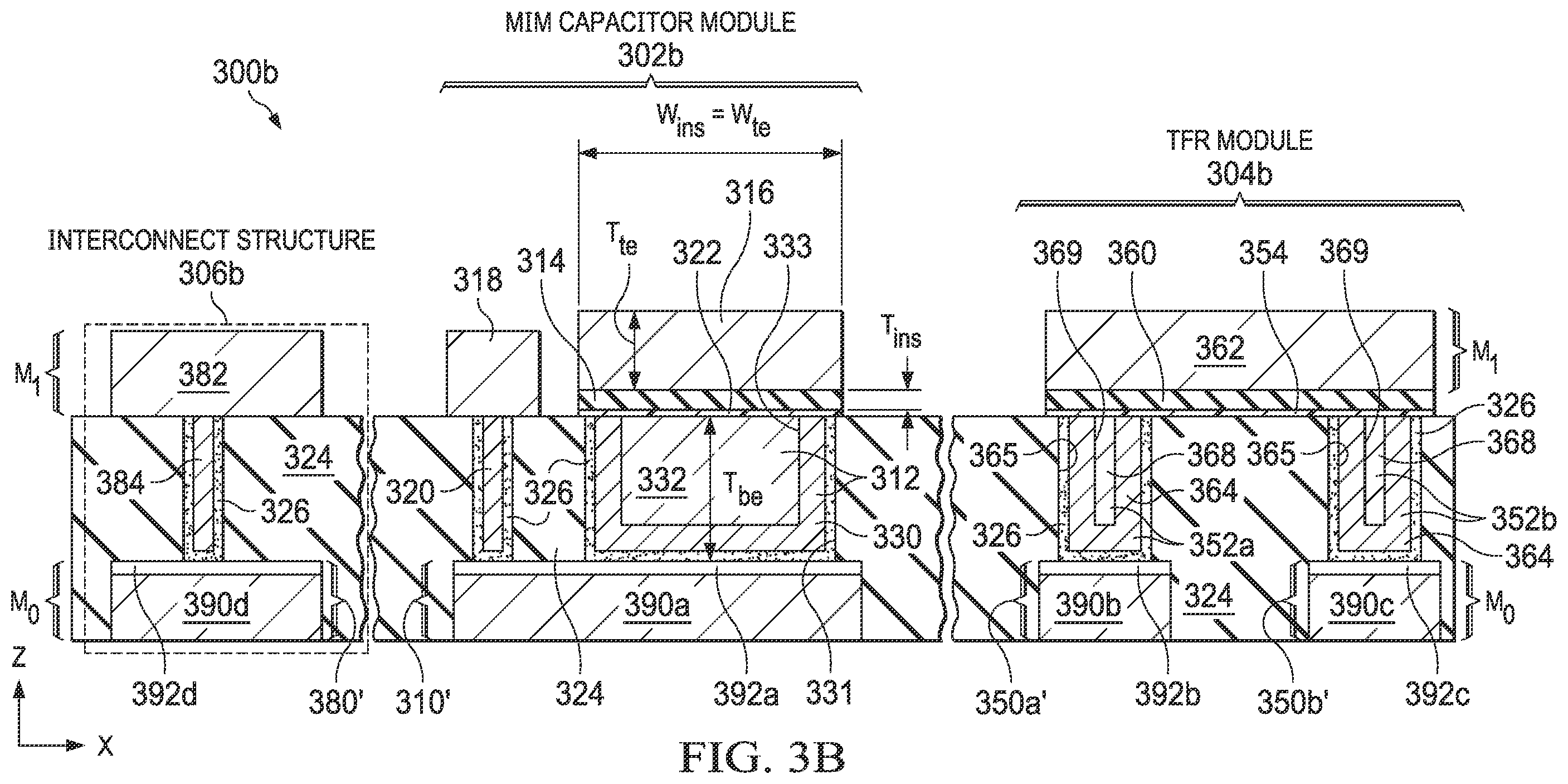 Patent US12414359 Figure 5 – Integrated circuit structure including a metal-insulator-metal (MIM) capacitor module and a thin-film resistor (TFR) module