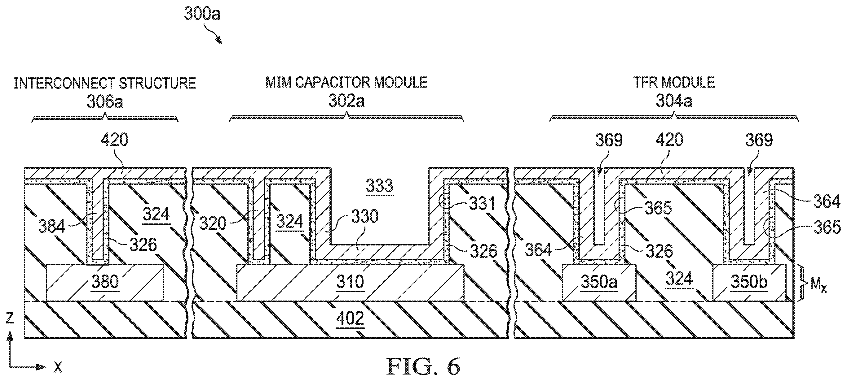 Patent US12414359 Figure 8 – Integrated circuit structure including a metal-insulator-metal (MIM) capacitor module and a thin-film resistor (TFR) module