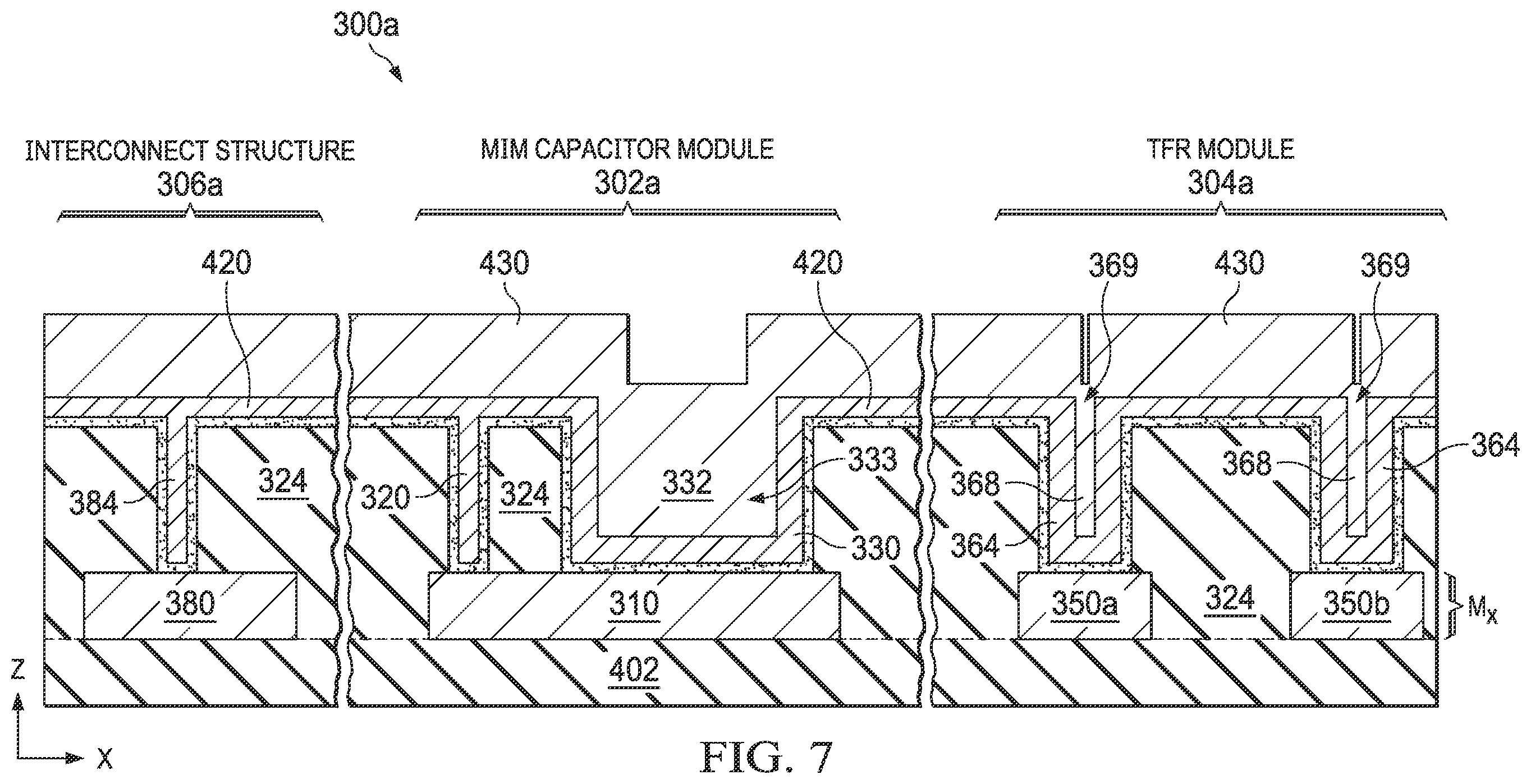 Patent US12414359 Figure 9 – Integrated circuit structure including a metal-insulator-metal (MIM) capacitor module and a thin-film resistor (TFR) module