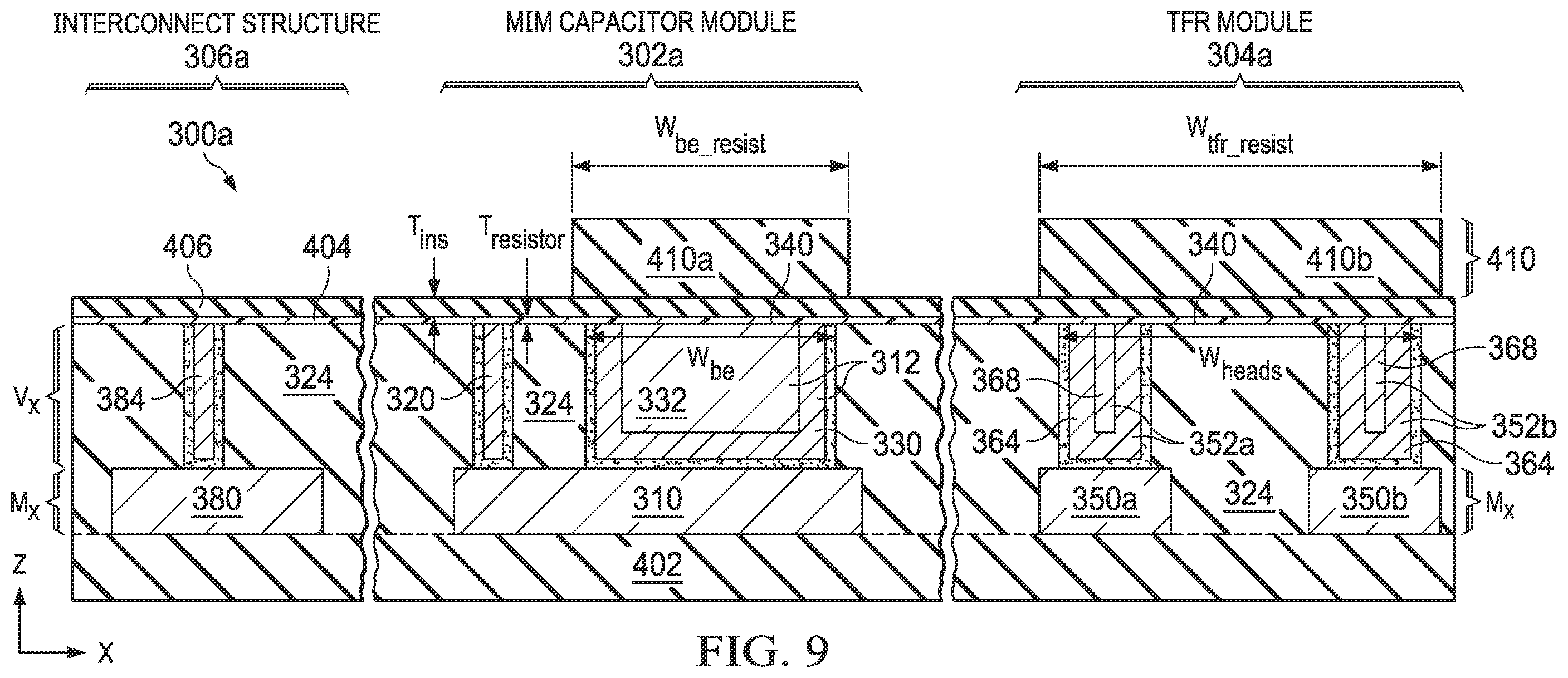 Patent US12414359 Figure 11 – Integrated circuit structure including a metal-insulator-metal (MIM) capacitor module and a thin-film resistor (TFR) module