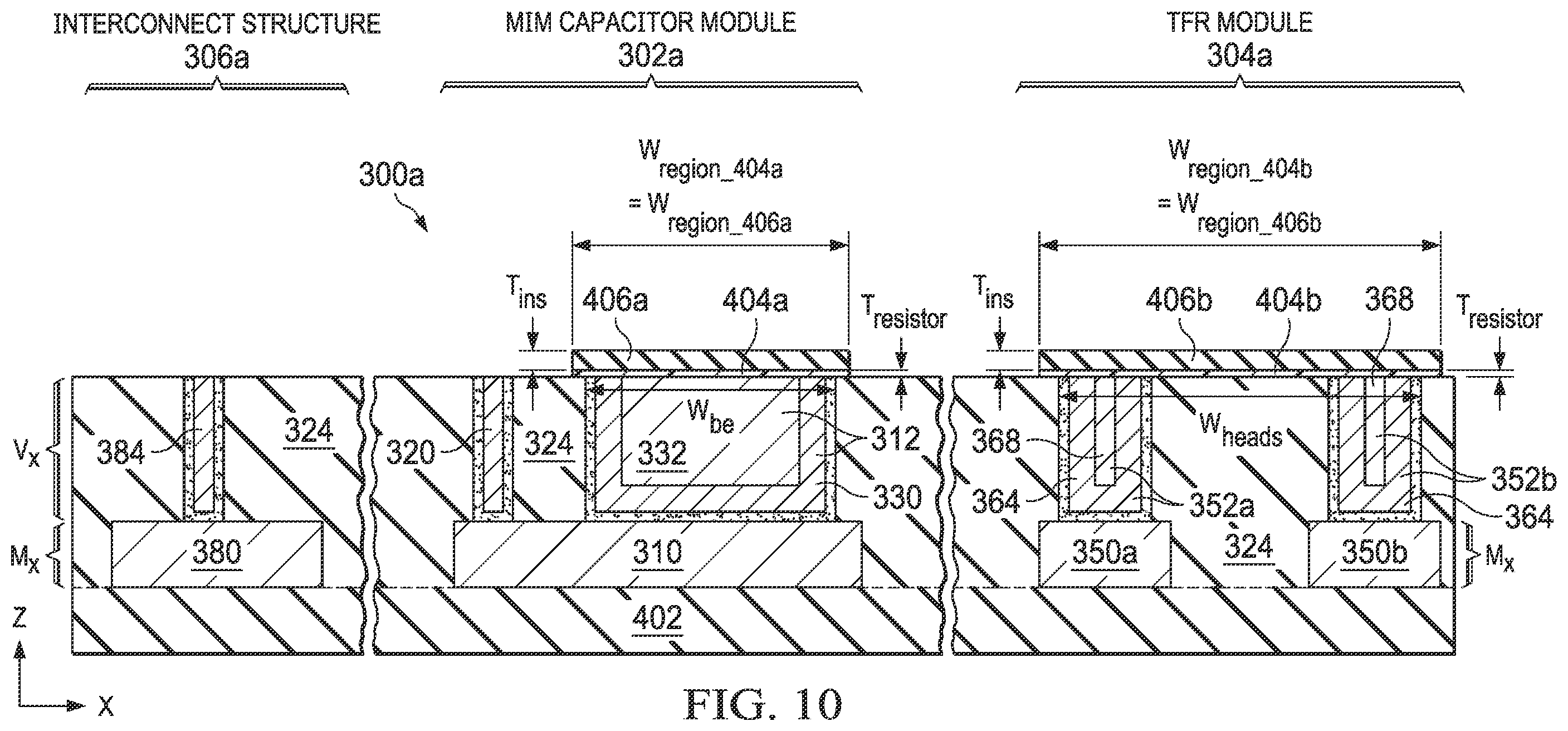 Patent US12414359 Figure 12 – Integrated circuit structure including a metal-insulator-metal (MIM) capacitor module and a thin-film resistor (TFR) module