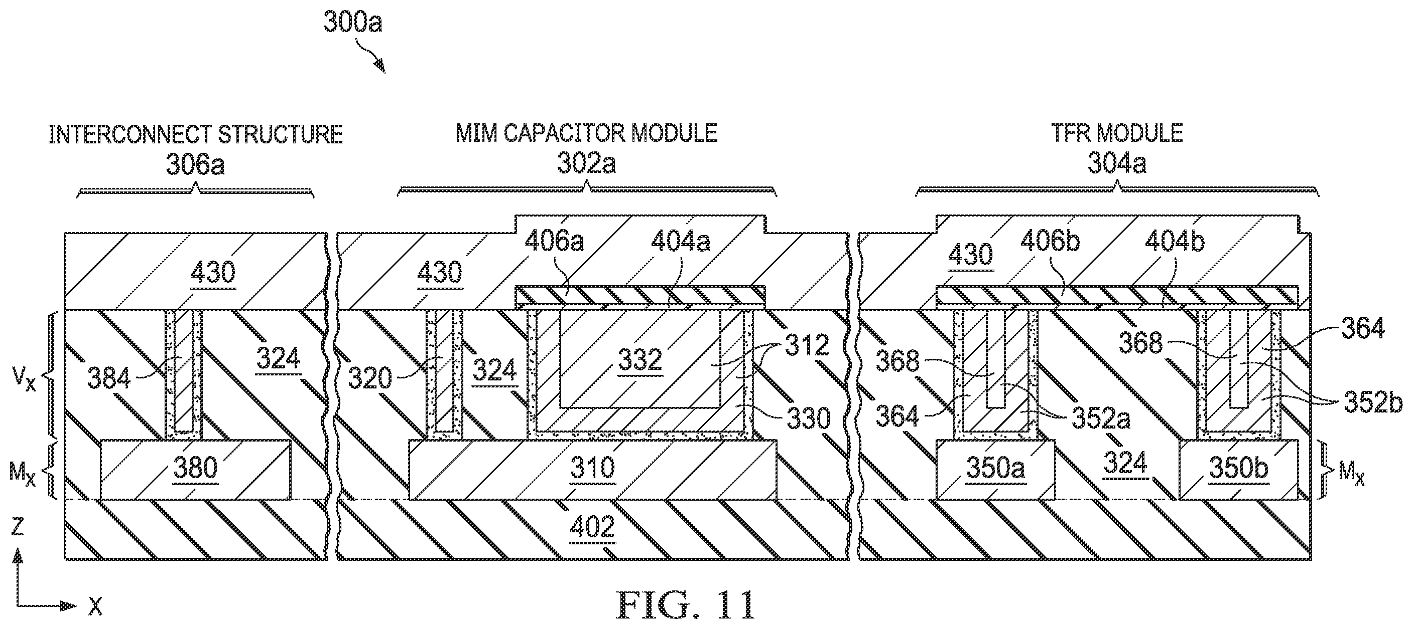 Patent US12414359 Figure 13 – Integrated circuit structure including a metal-insulator-metal (MIM) capacitor module and a thin-film resistor (TFR) module