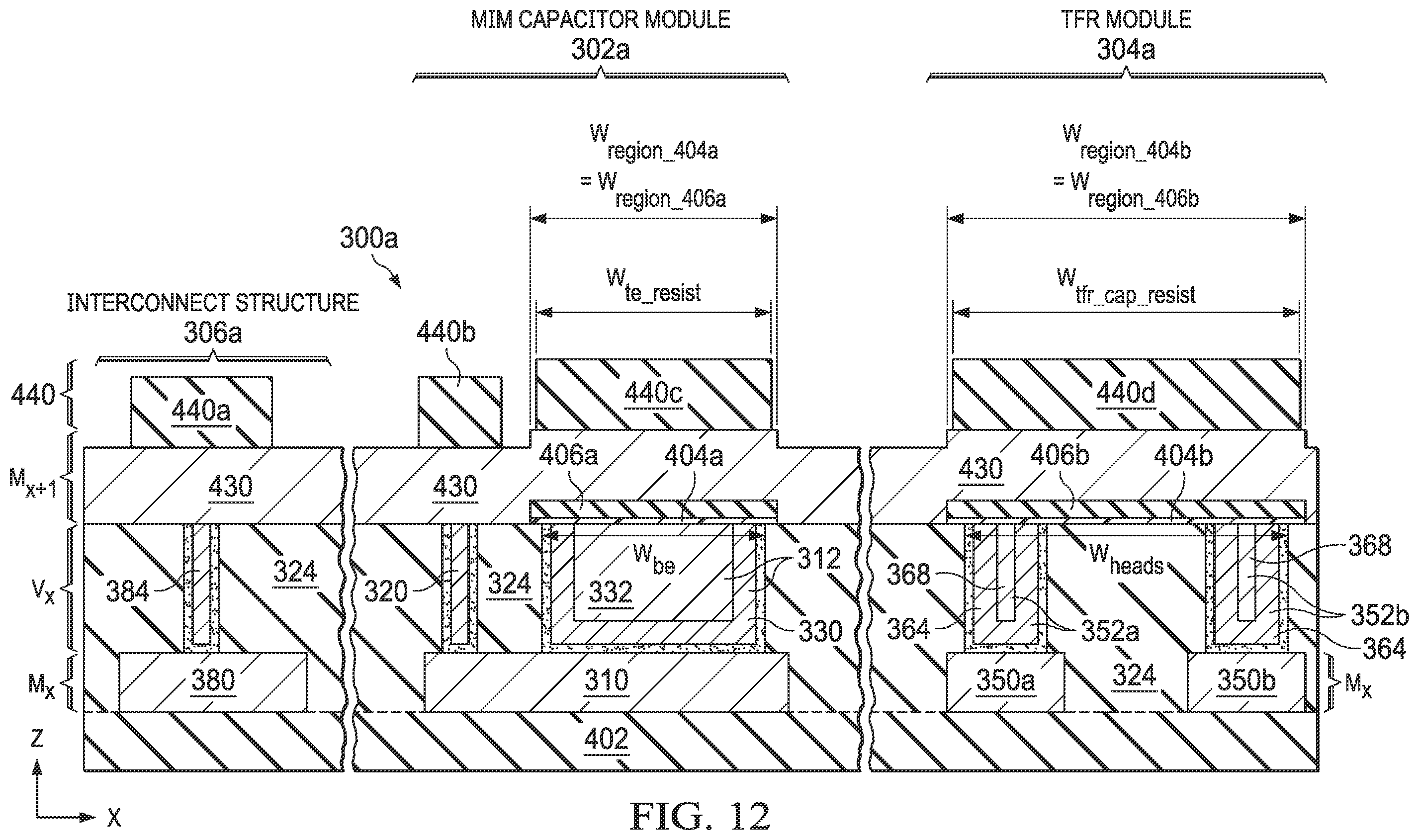Patent US12414359 Figure 14 – Integrated circuit structure including a metal-insulator-metal (MIM) capacitor module and a thin-film resistor (TFR) module