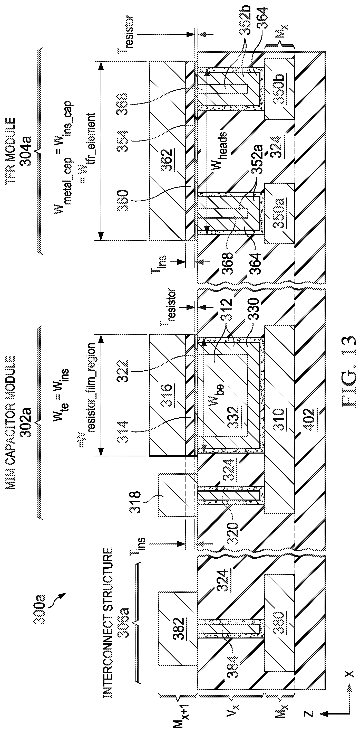 Patent US12414359 Figure 15 – Integrated circuit structure including a metal-insulator-metal (MIM) capacitor module and a thin-film resistor (TFR) module