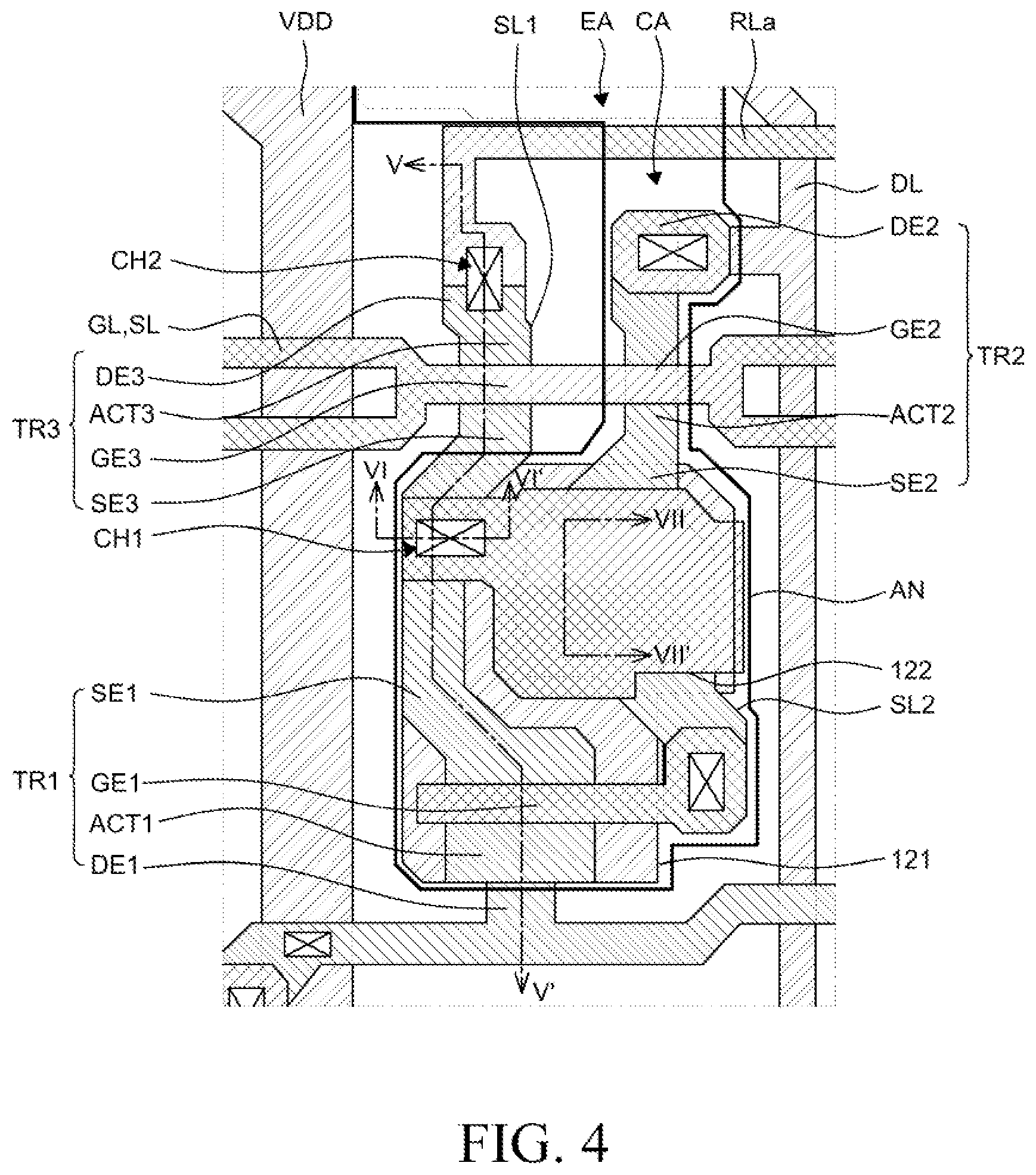 Patent US12414449 Figure 4 – Display device comprising a contact hole that contacts multiple layers