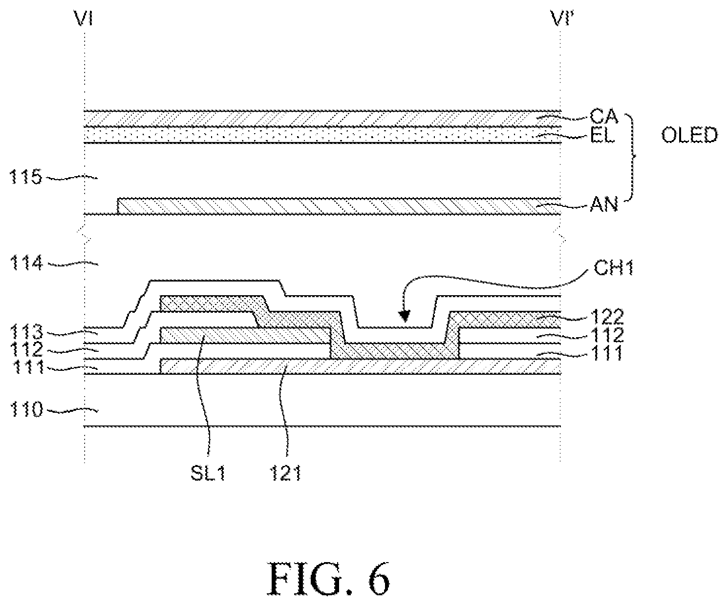 Patent US12414449 Figure 6 – Display device comprising a contact hole that contacts multiple layers