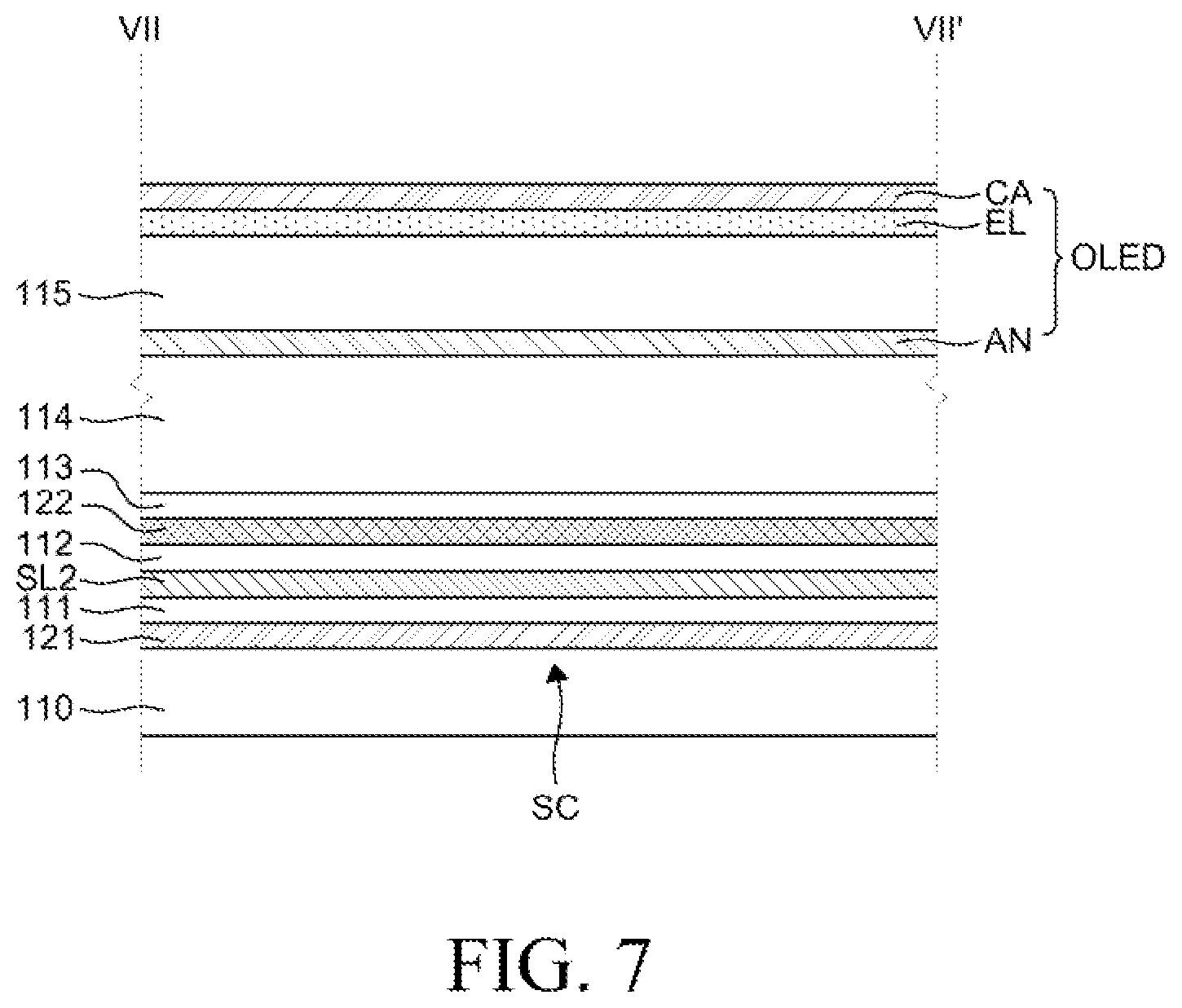 Patent US12414449 Figure 7 – Display device comprising a contact hole that contacts multiple layers