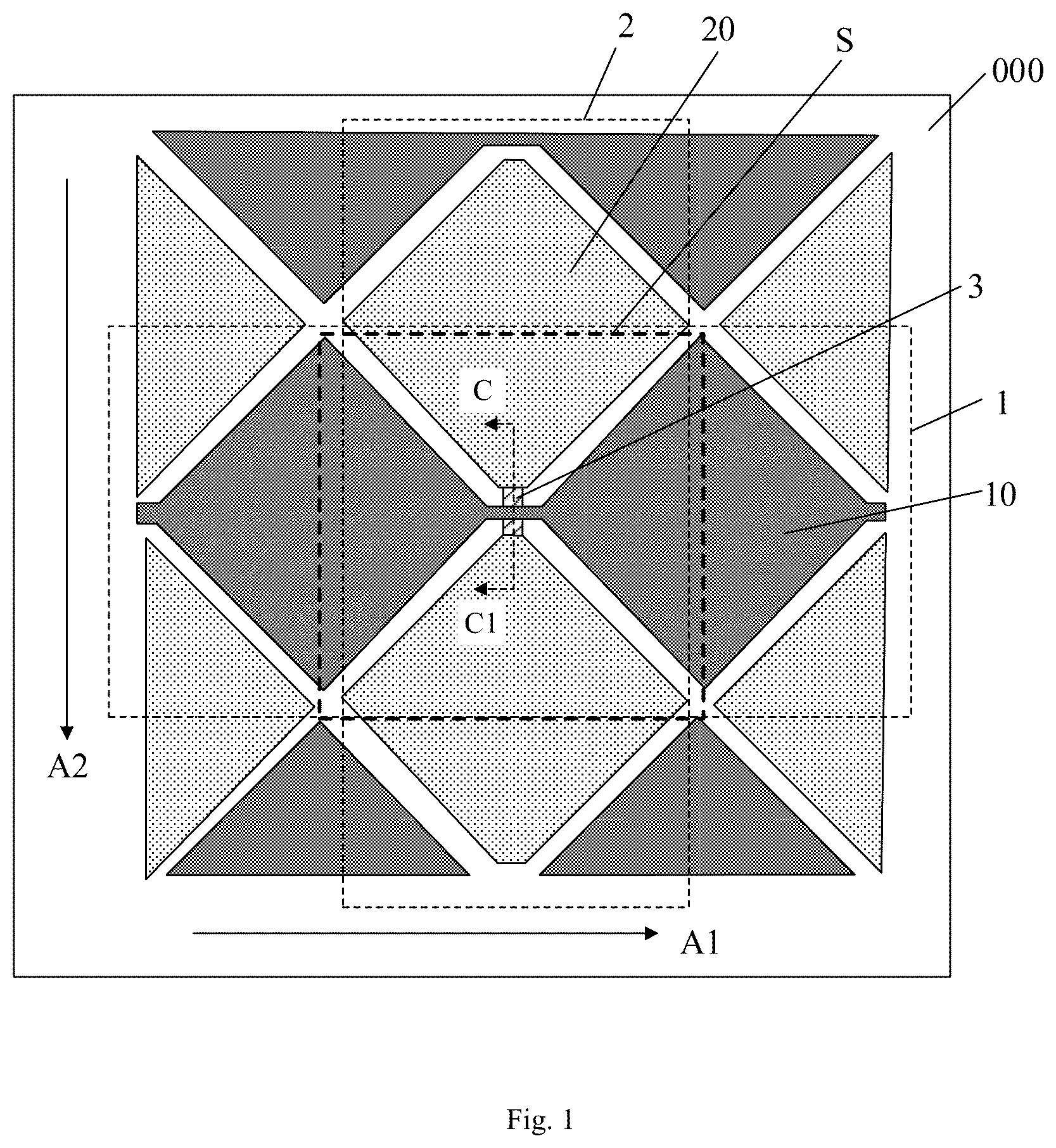 Patent US12417004 Figure 1 – Touch panel with connection channel of adjacent touch electrode blocks and display device