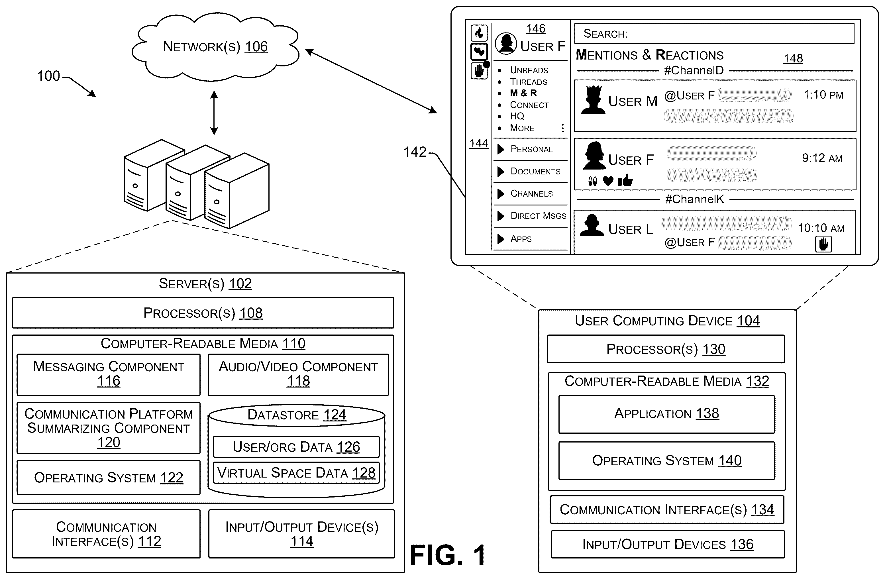 Patent US12417063 Figure 1 – Displaying a communication platform summary