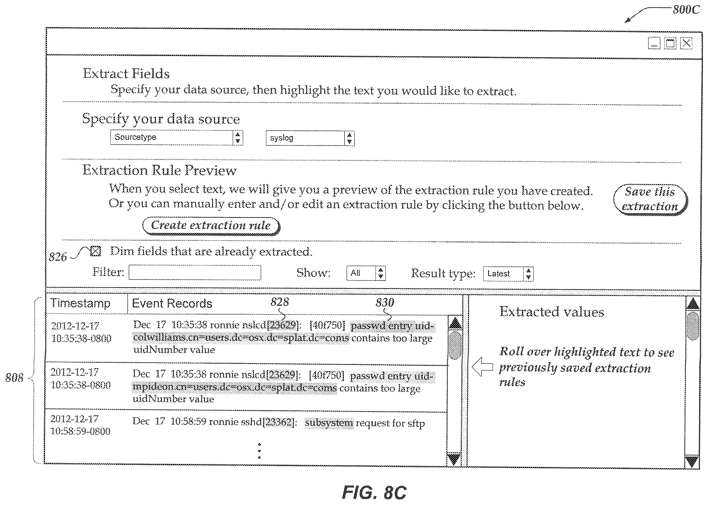 Patent US12417074 Figure 11 – Updating event records based on user edited extraction rule